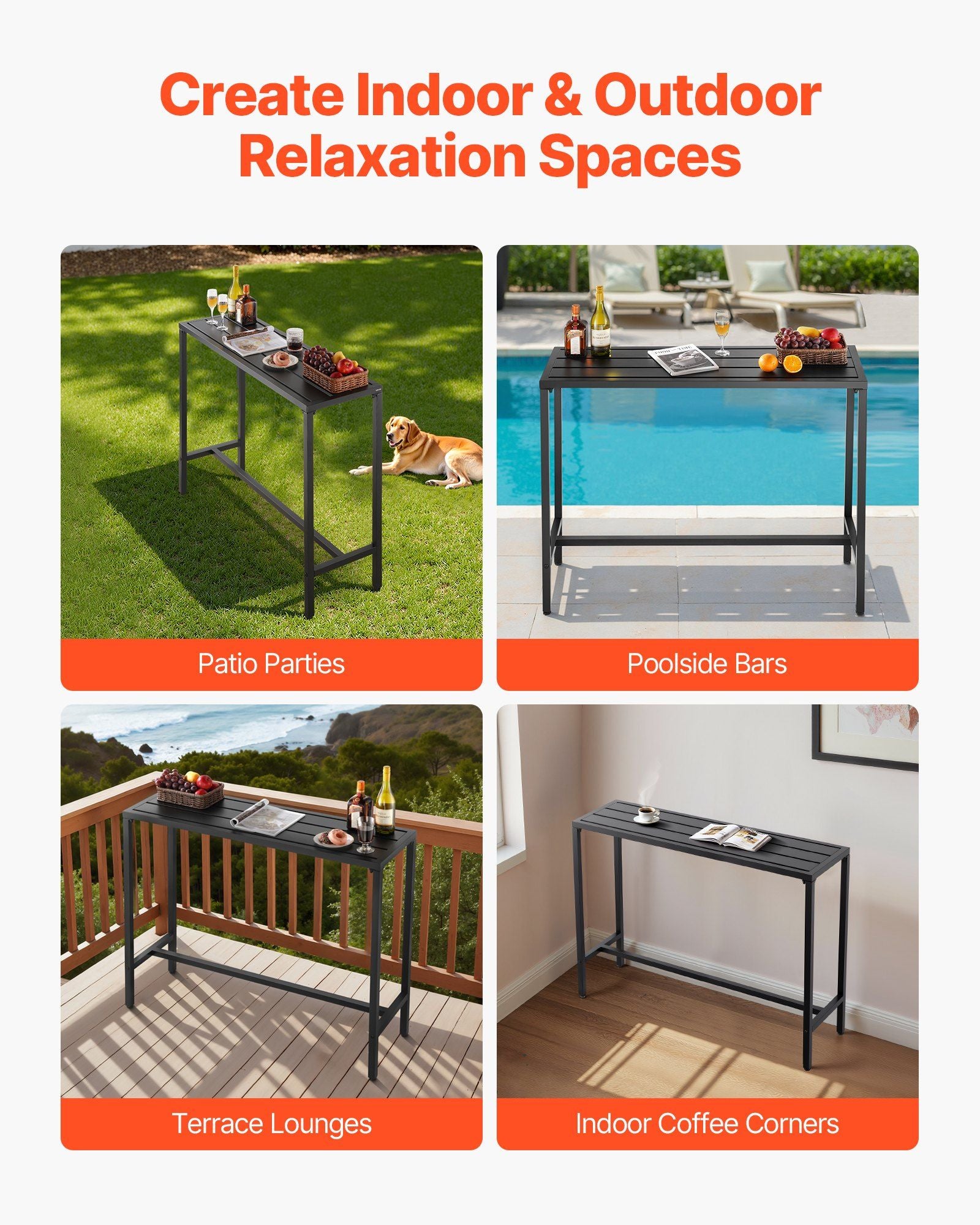 Outdoor Bar Table, 120 x 37.5 cm Patio Bar Table, Waterproof Top & Sturdy Metal Frame, Rectangle Counter Height Dining Tables, Outdoor Furniture for Balcony, Yard, Hot Tub, Poolside, Indoor