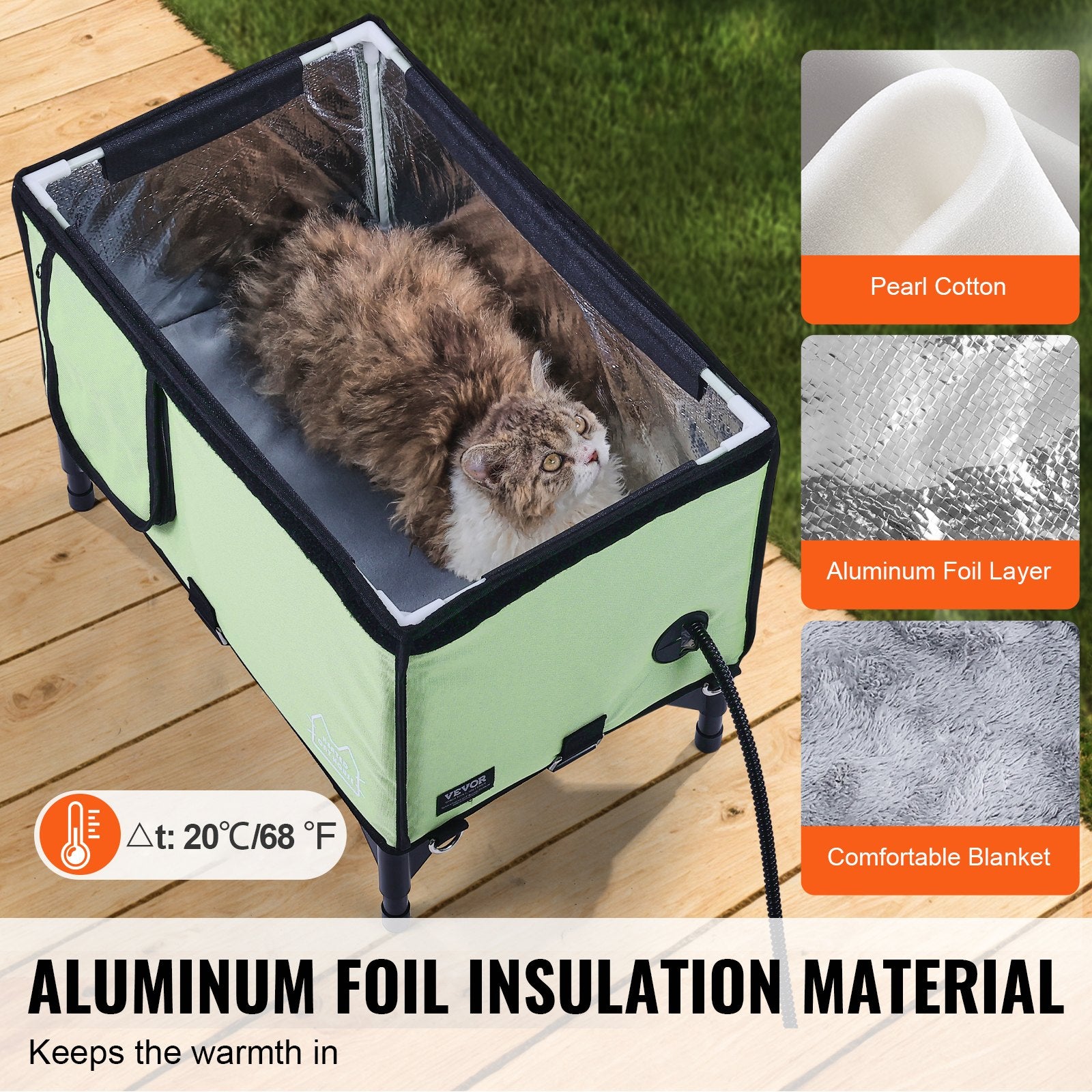 VEVOR Elevated Heated Cat House, Cuboid Kitty Shelter with Adjustable Temperature and Timer, 900D Oxford Cloth Foldable Cat Shelter with Heated Pad for Winter to Stay Warm and Cozy, Green (Middle)