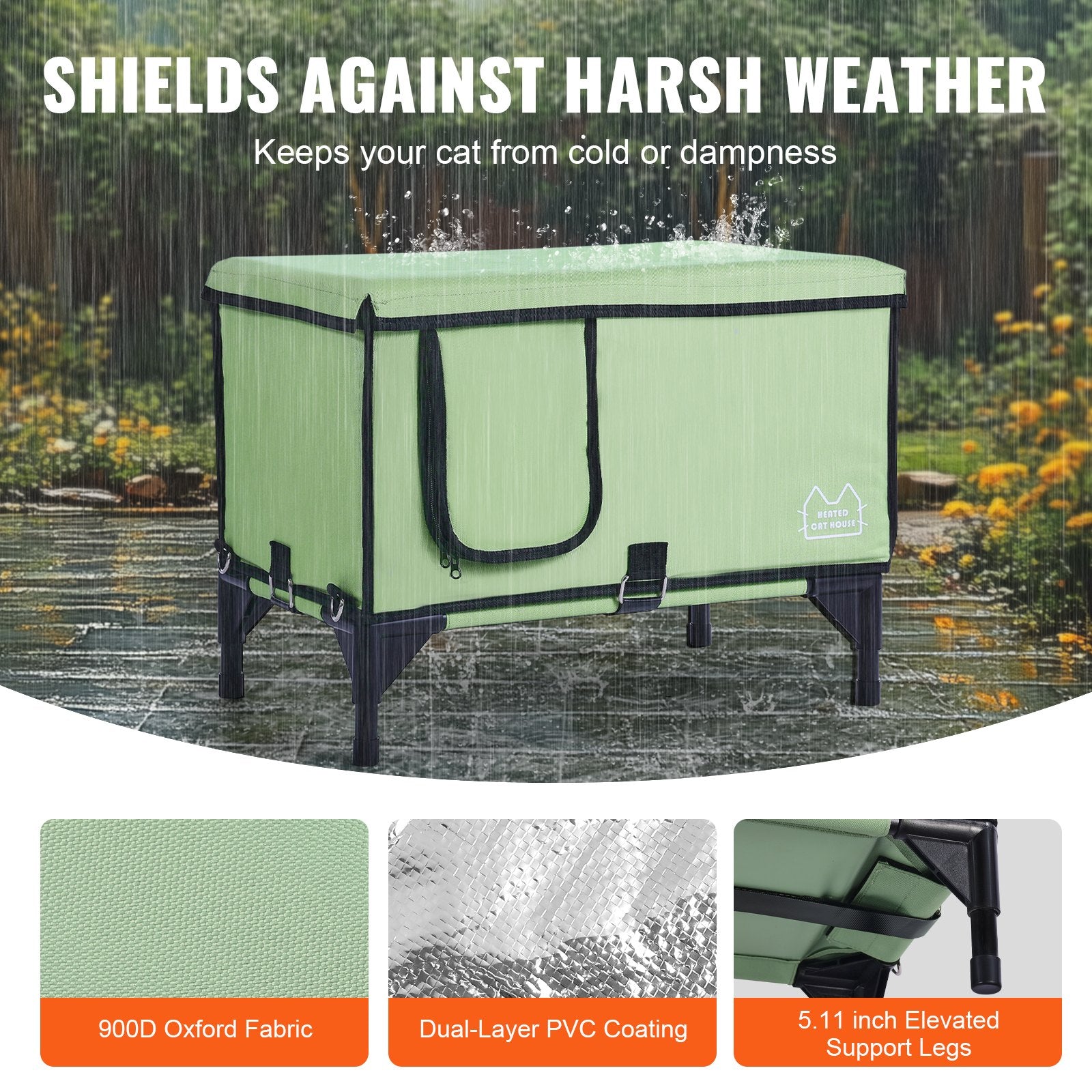 VEVOR Elevated Heated Cat House, Cuboid Kitty Shelter with Adjustable Temperature and Timer, 900D Oxford Cloth Foldable Cat Shelter with Heated Pad for Winter to Stay Warm and Cozy, Green (Middle)