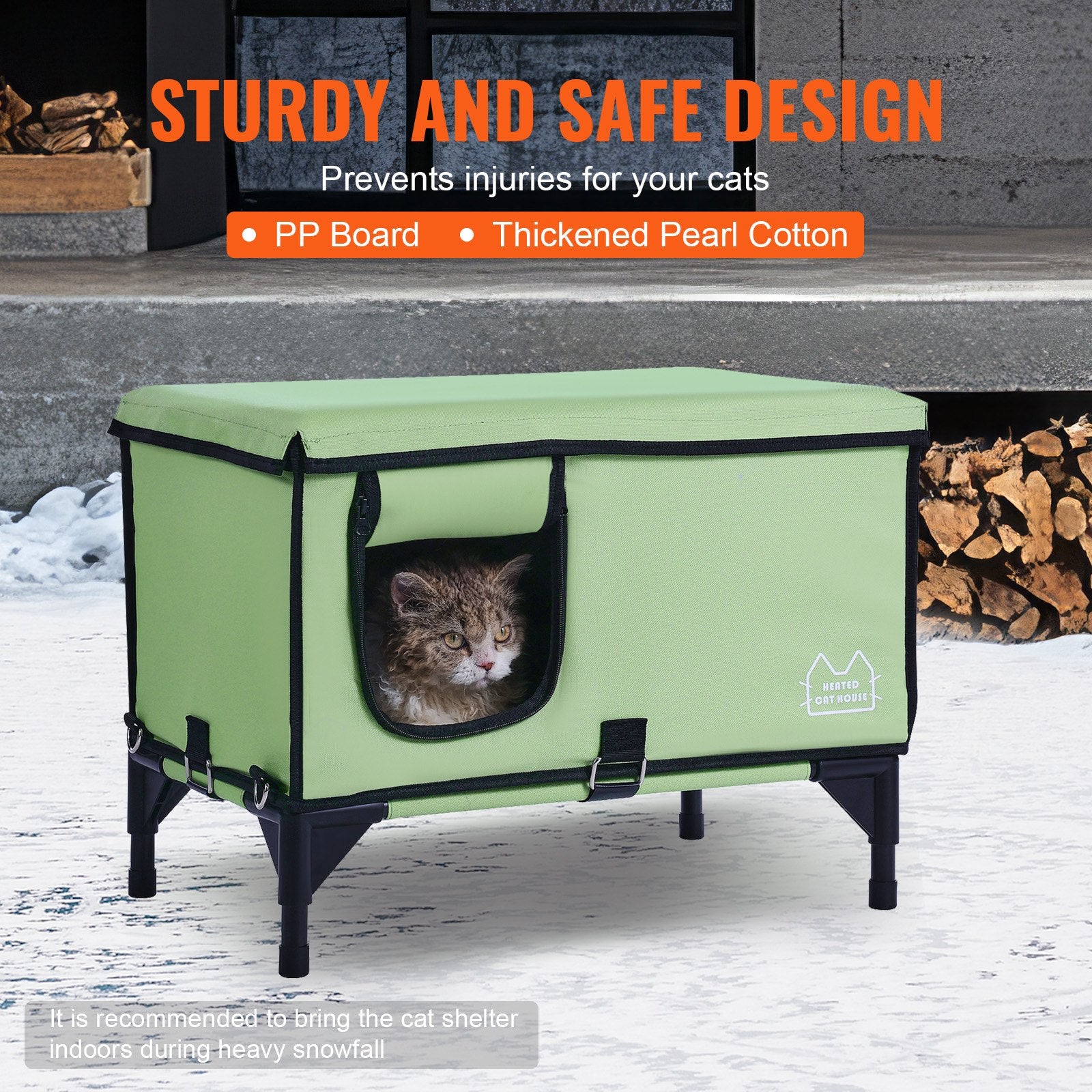 VEVOR Elevated Heated Cat House, Cuboid Kitty Shelter with Adjustable Temperature and Timer, 900D Oxford Cloth Foldable Cat Shelter with Heated Pad for Winter to Stay Warm and Cozy, Green (Middle)