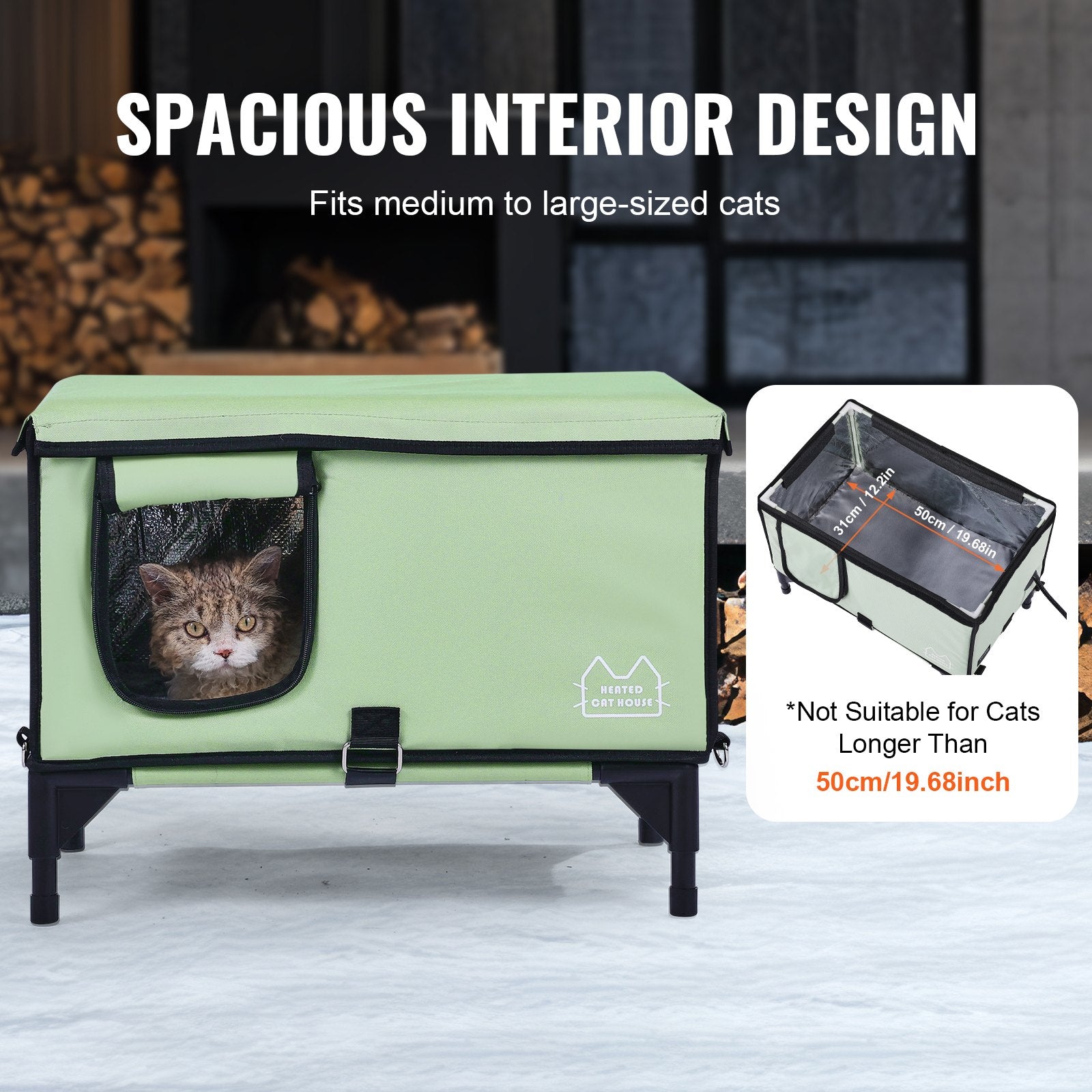 VEVOR Elevated Heated Cat House, Cuboid Kitty Shelter with Adjustable Temperature and Timer, 900D Oxford Cloth Foldable Cat Shelter with Heated Pad for Winter to Stay Warm and Cozy, Green (Middle)