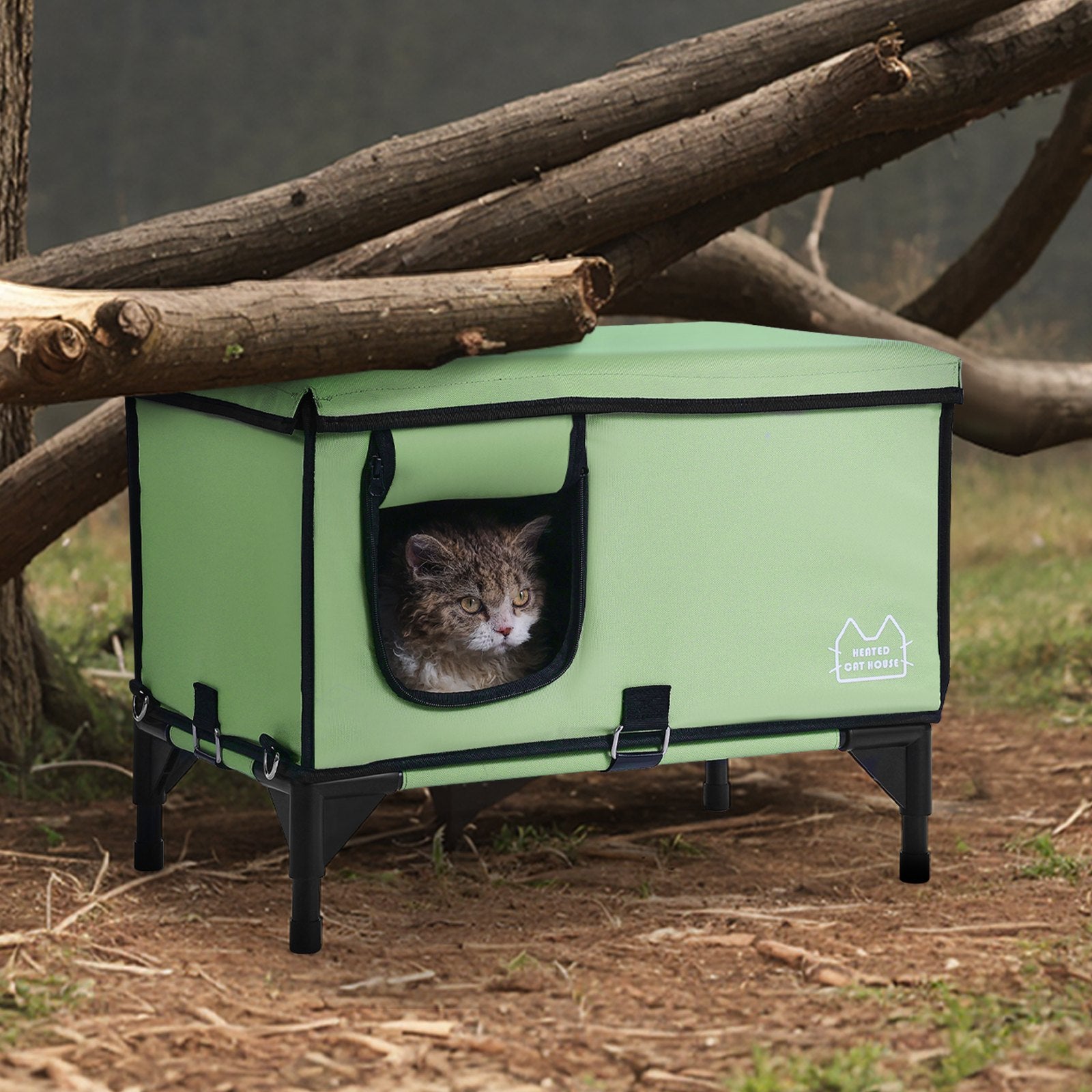 VEVOR Elevated Heated Cat House, Cuboid Kitty Shelter with Adjustable Temperature and Timer, 900D Oxford Cloth Foldable Cat Shelter with Heated Pad for Winter to Stay Warm and Cozy, Green (Middle)