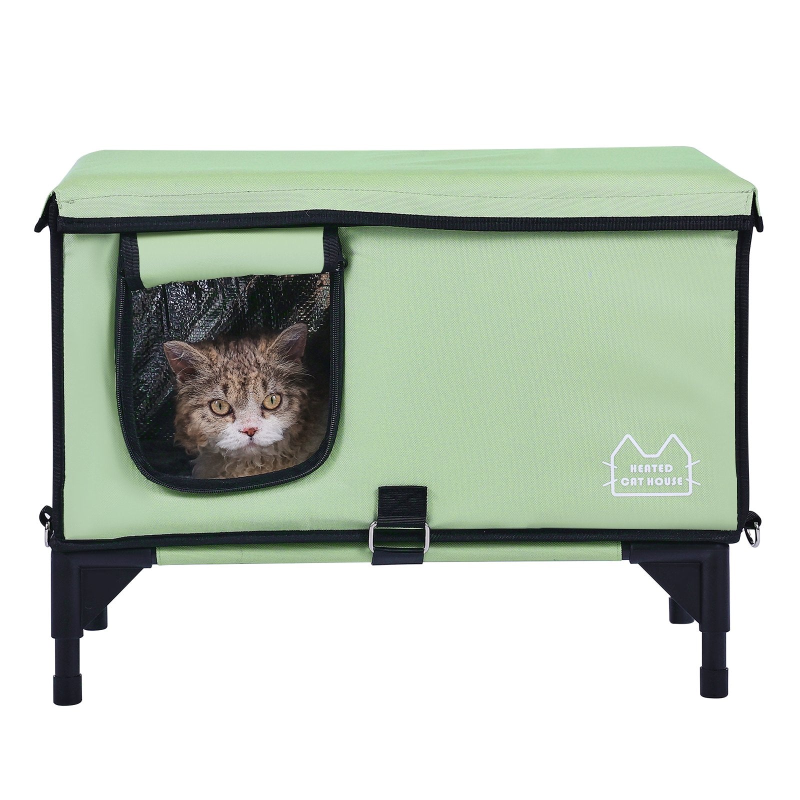 VEVOR Elevated Heated Cat House, Cuboid Kitty Shelter with Adjustable Temperature and Timer, 900D Oxford Cloth Foldable Cat Shelter with Heated Pad for Winter to Stay Warm and Cozy, Green (Middle)