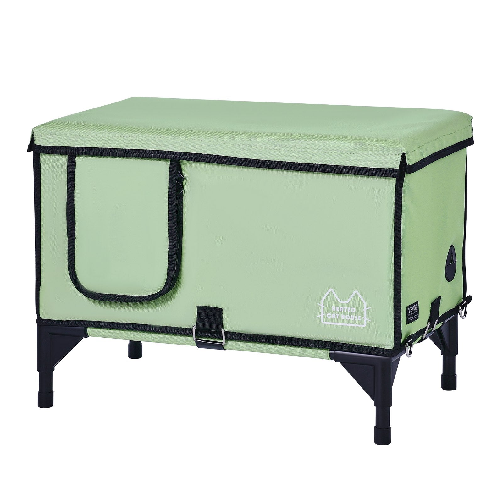 VEVOR Elevated Heated Cat House, Cuboid Kitty Shelter with Adjustable Temperature and Timer, 900D Oxford Cloth Foldable Cat Shelter with Heated Pad for Winter to Stay Warm and Cozy, Green (Middle)