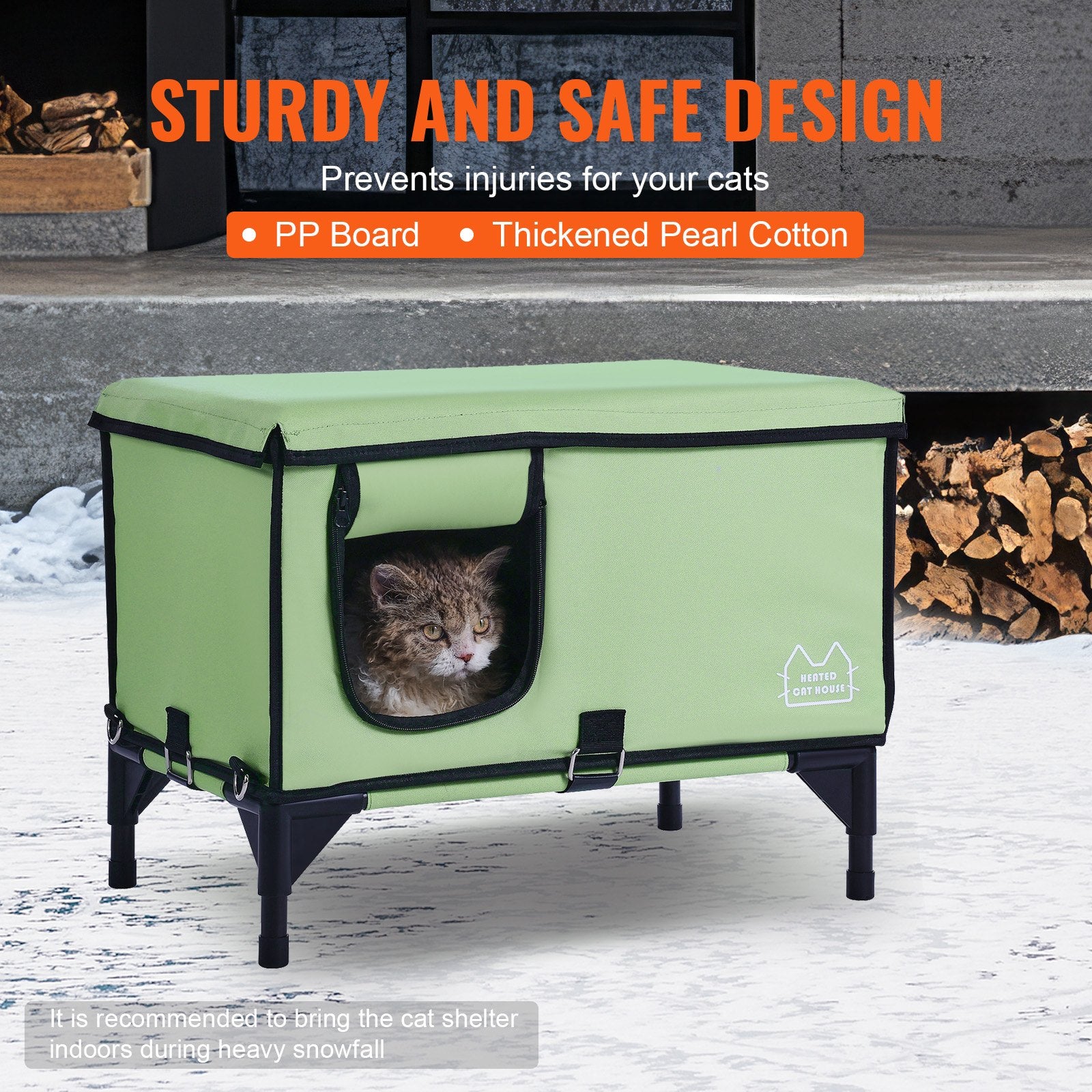 VEVOR Elevated Heated Cat House, Cuboid Kitty Shelter with Adjustable Temperature and Timer, 900D Oxford Cloth Foldable Cat Shelter with Heated Pad  for Winter to Stay Warm and Cozy, Green (Large)