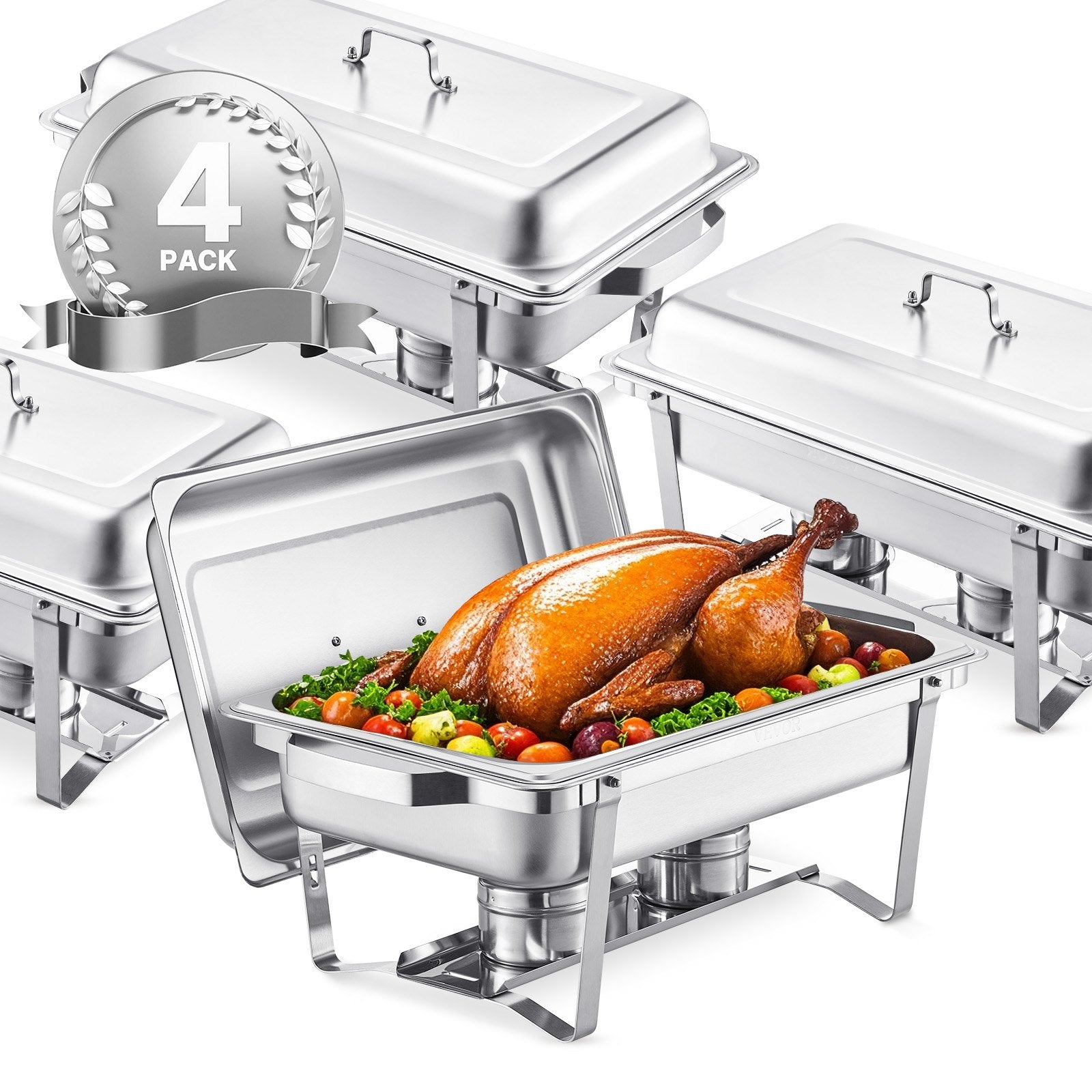 VEVOR 8 Qt 4 Pack Rectangle Chafing Dish Buffet Set Fullsize Pan Stainless Steel