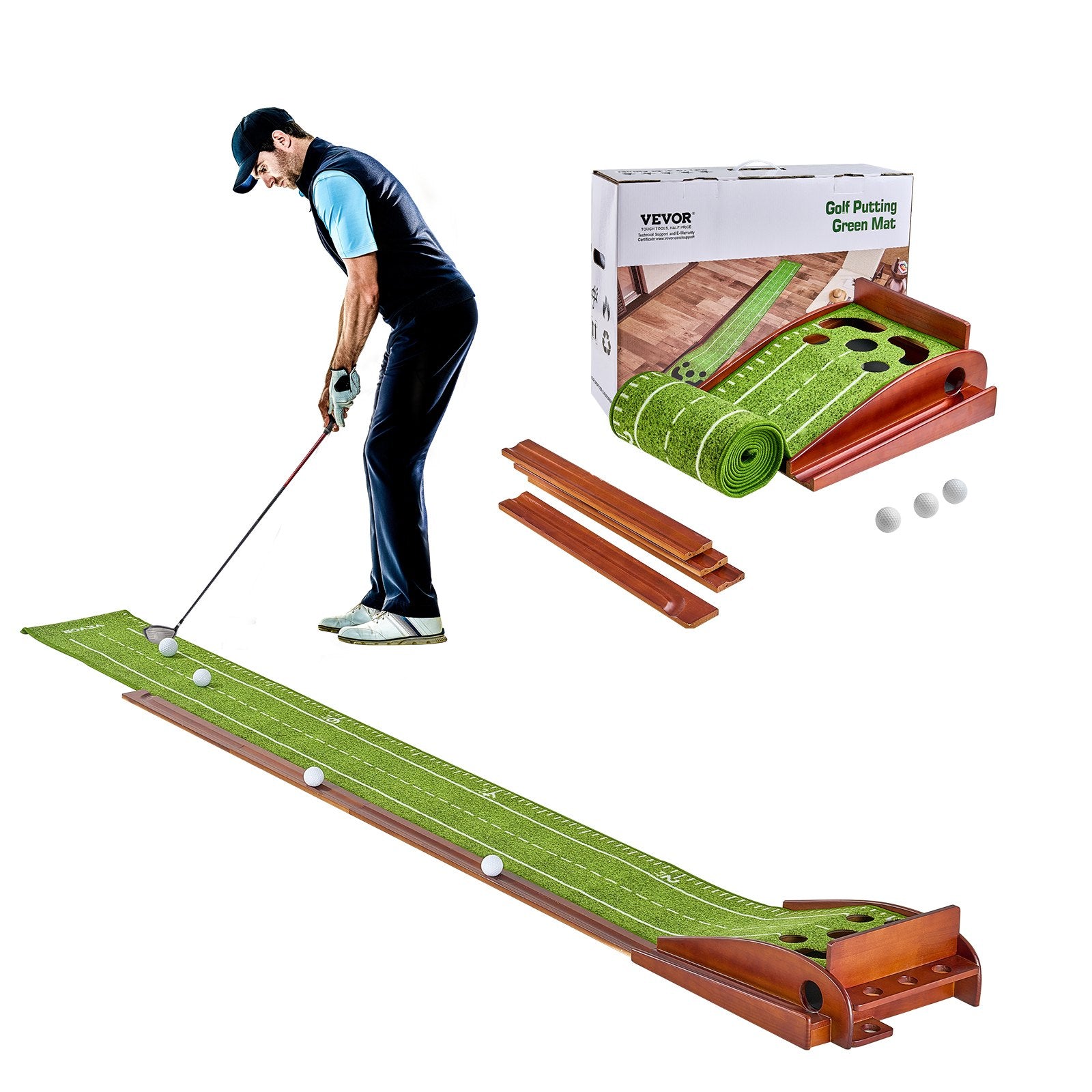 VEVOR Golf Putting Mat, 5 Hole Indoor Golf Putting Green, Wrinkle-Free Golf Training Aid, Mini Golf Set with Auto-Ball Return, Alignment Guide, 3 Ball, Wood Base, Game Practice Gift for Home Offic