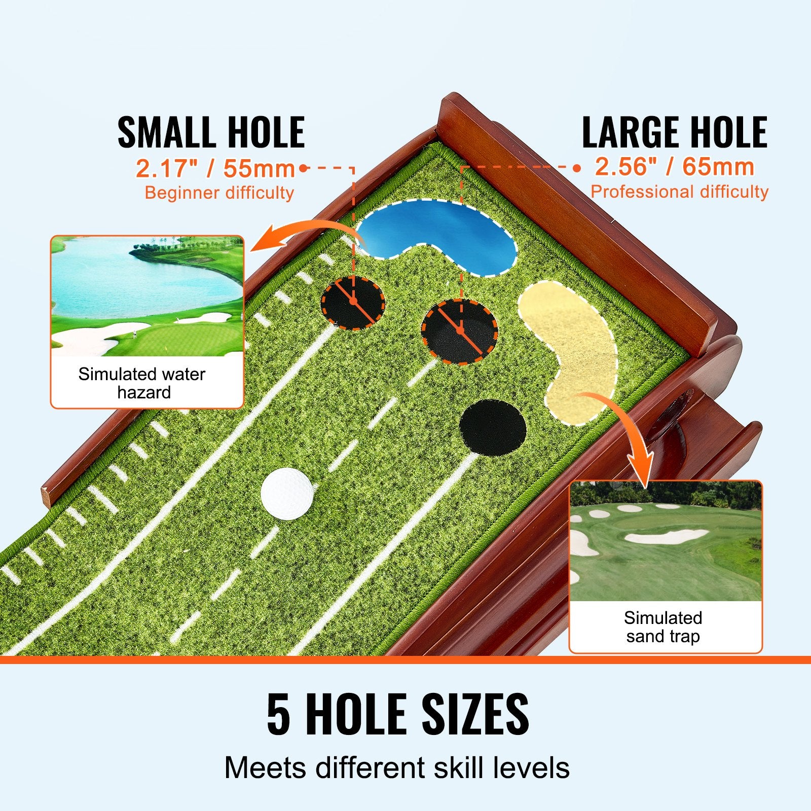 VEVOR Golf Putting Mat, 5 Hole Indoor Golf Putting Green, Wrinkle-Free Golf Training Aid, Mini Golf Set with Auto-Ball Return, Alignment Guide, 3 Ball, Wood Base, Game Practice Gift for Home Offic