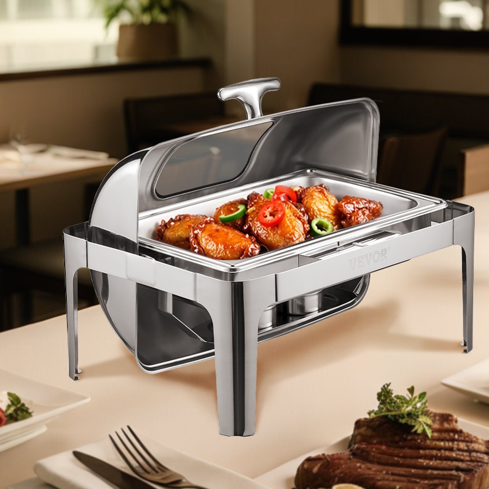 VEVOR Roll Top Chafing Dish Buffet Complete Set, 9 Qt 1 Pack Stainless Steel Chafer with 2 Half Size Pans, Rectangle Catering Warmer Server with Visible Lid Water Pan Folding Stand Fuel Holder, Silver