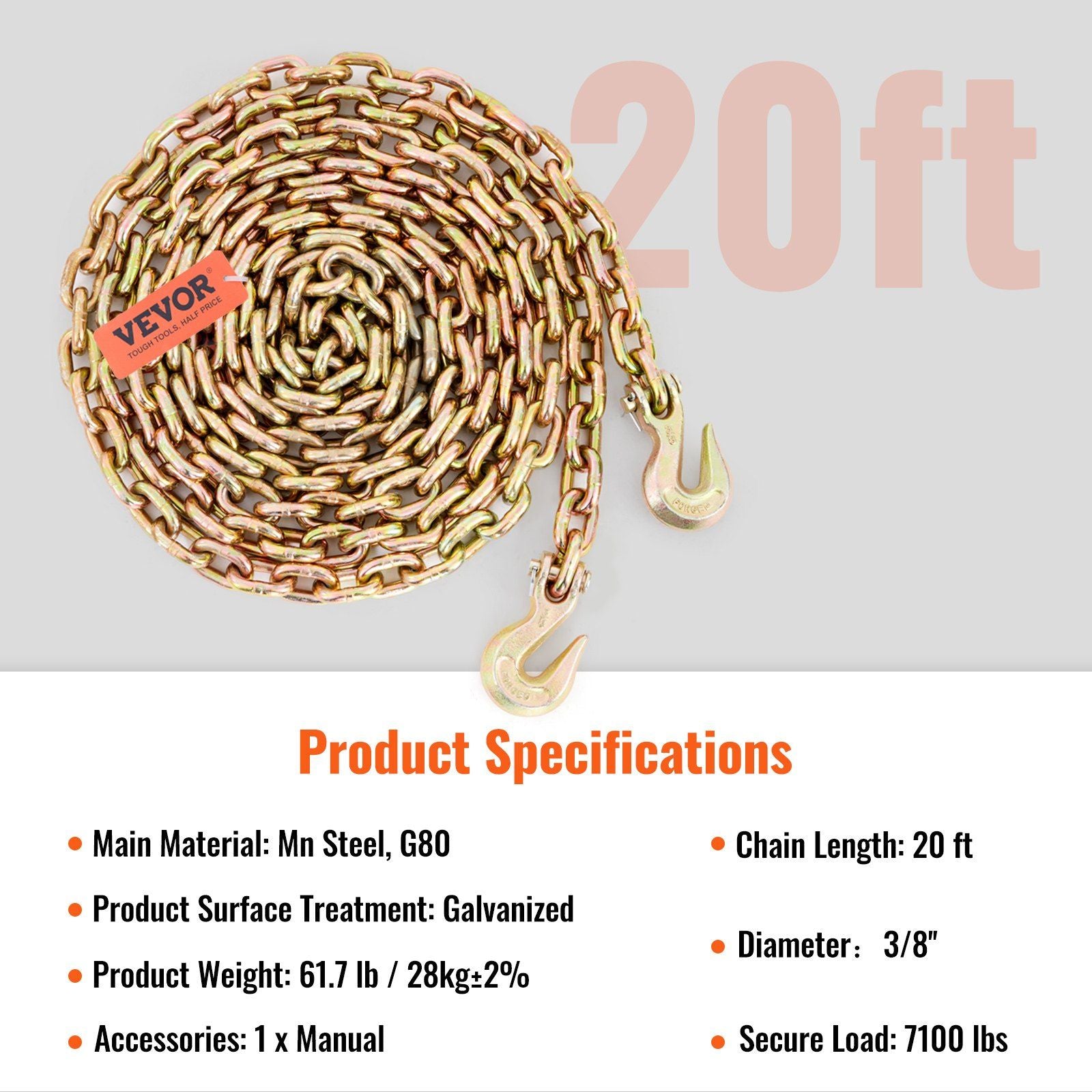 Transport Binder Chain, 3220 kg Working Load Limit, 3/8''x20' G80 Tow Chain Tie Down with Grab Hooks, DOT Certified, Galvanized Coating Manganese Steel for Dock Factory Construction Site, 2 Pack