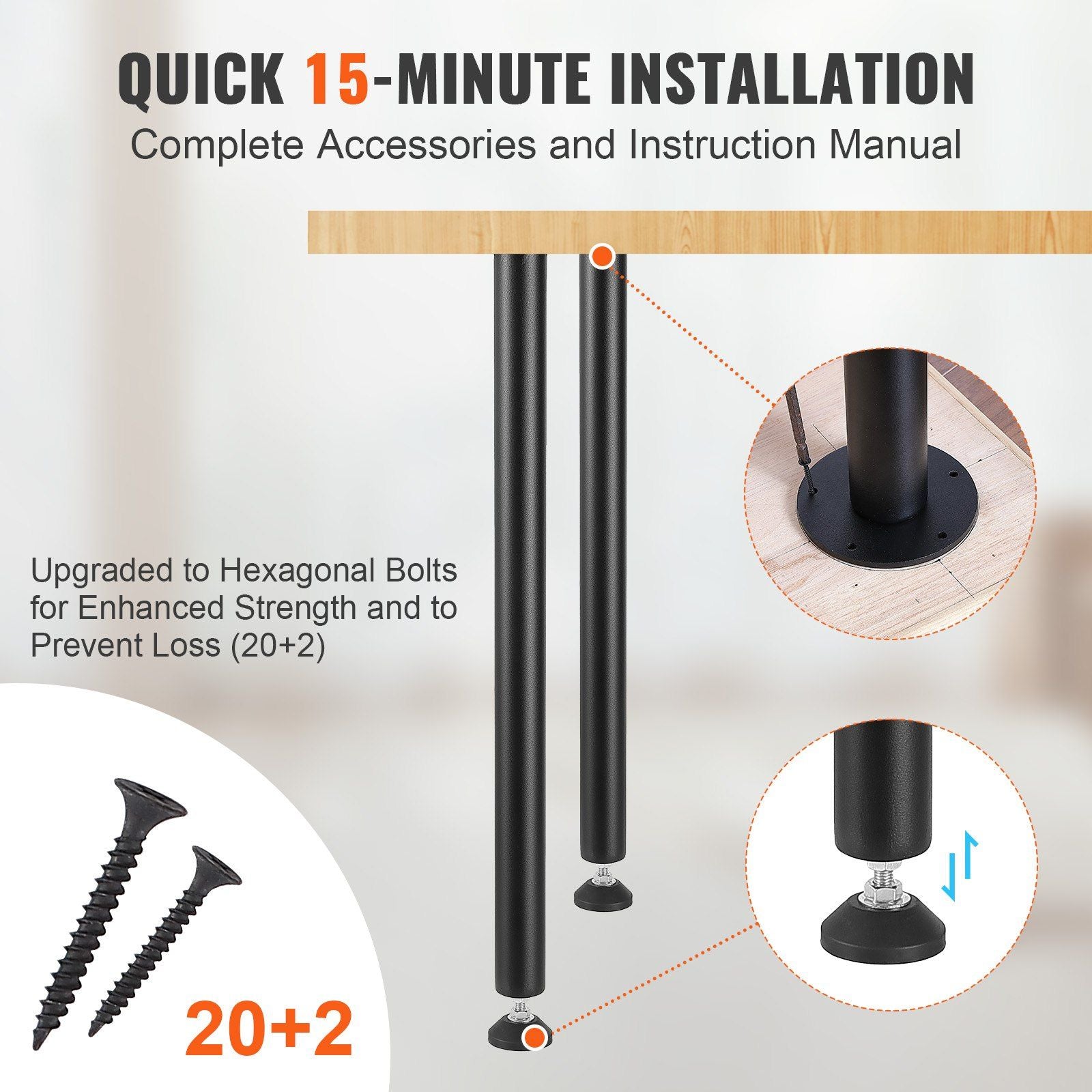 762MM Adjustable Desk Legs, Reinforced Steel Office Table Furniture legs Set of 4 for DIY, 544.3KG Load Capacity Heavy Duty Desk Legs, Quick Instalation Legs with Adjustable Foot Cup Black