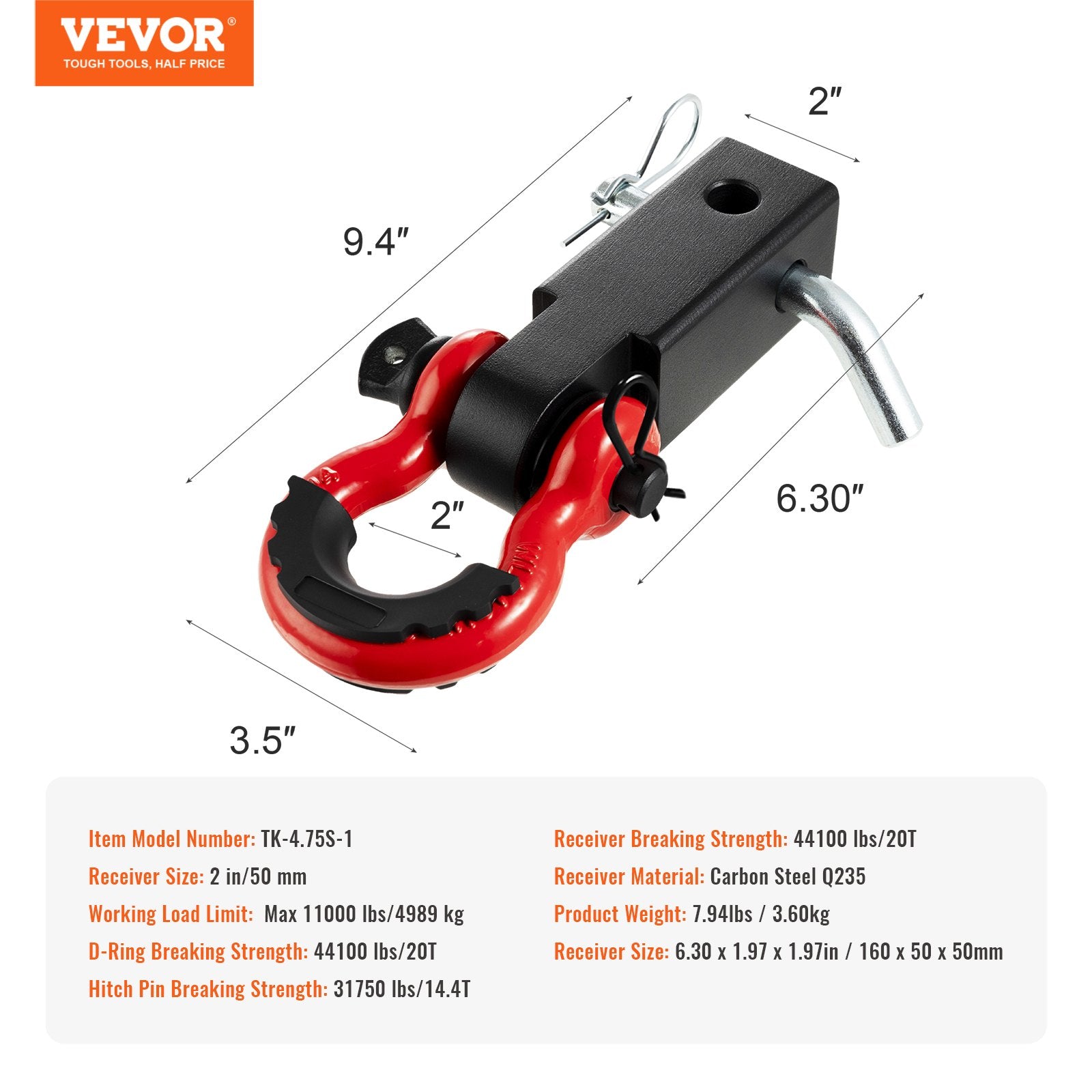 VEVOR Shackle Hitch Receiver, Fits 50 mm Receivers, 20 Tons Breaking Strength, D Ring Shackle with Trailer Hitch Lock Pin, Heavy Duty Towing Accessories for Trucks, Jeeps, Off-Road Vehicle Recovery