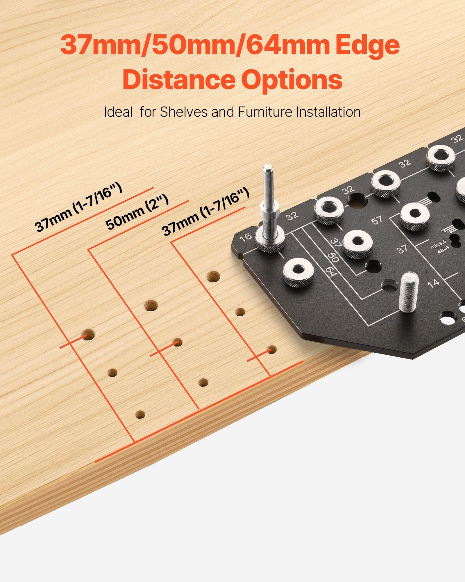 Shelf Pin Jig and Hinge Jig Two-in-One, Aluminum Alloy Cabinet Hardware Hole Drilling Template with 6.4 and 4.8 mm Drill Bits, for Cabinet Doors Bookshelves Wardrobes Woodworking and DIY