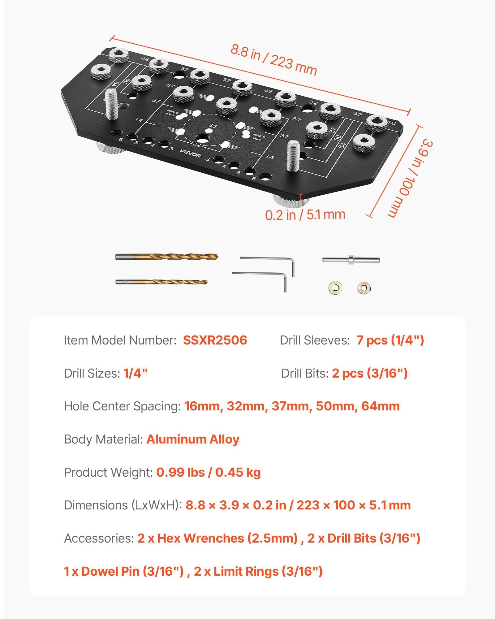 Shelf Pin Jig and Hinge Jig Two-in-One, Aluminum Alloy Cabinet Hardware Hole Drilling Template with 6.4 and 4.8 mm Drill Bits, for Cabinet Doors Bookshelves Wardrobes Woodworking and DIY