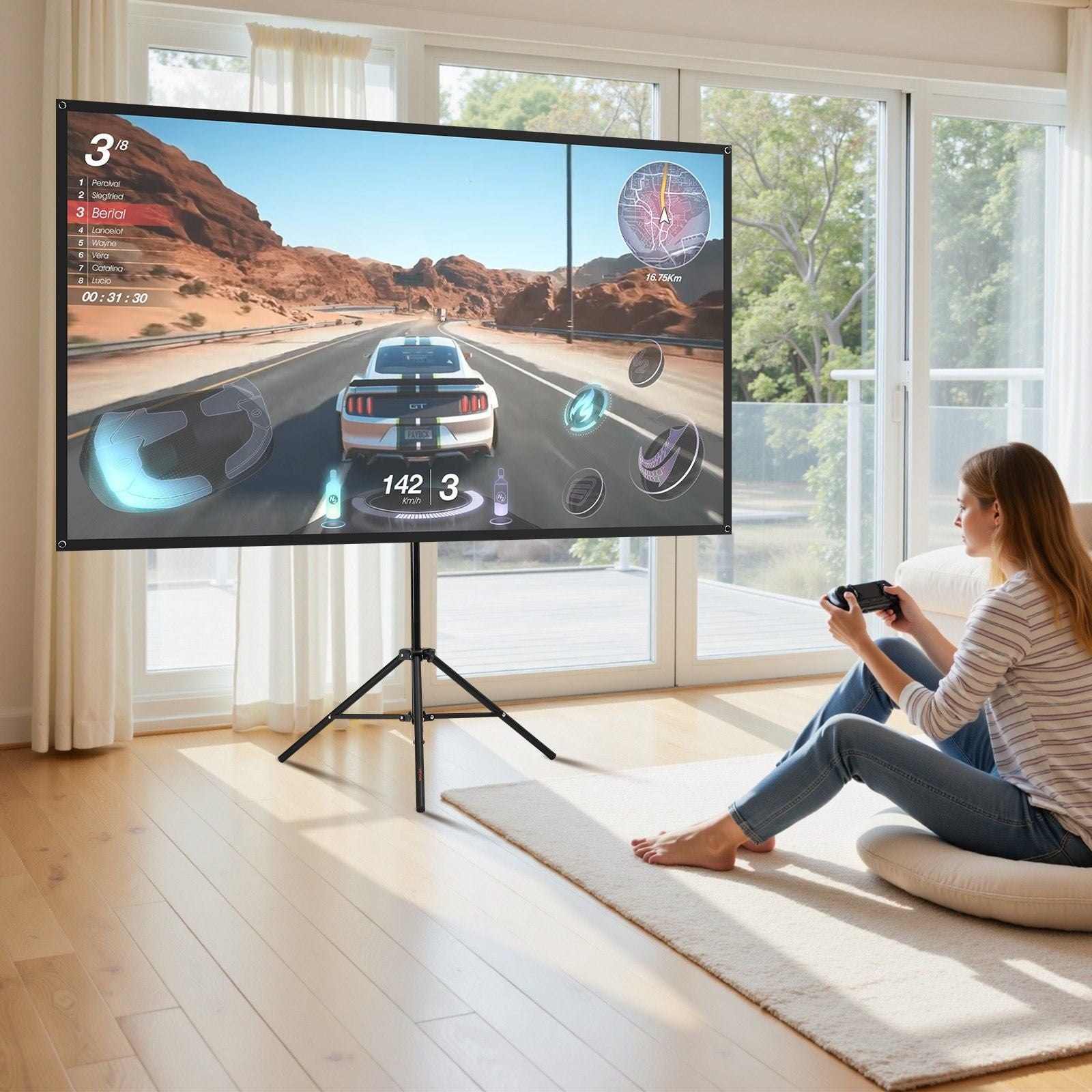 Projector Screen with Stand, 80 Inch 160° Wide Angle Indoor Outdoor Projection Screen, 16:9 4K HD Wrinkleless Portable Tripod Screens with Carry Bag, for Movie Home Theater Office Presentation