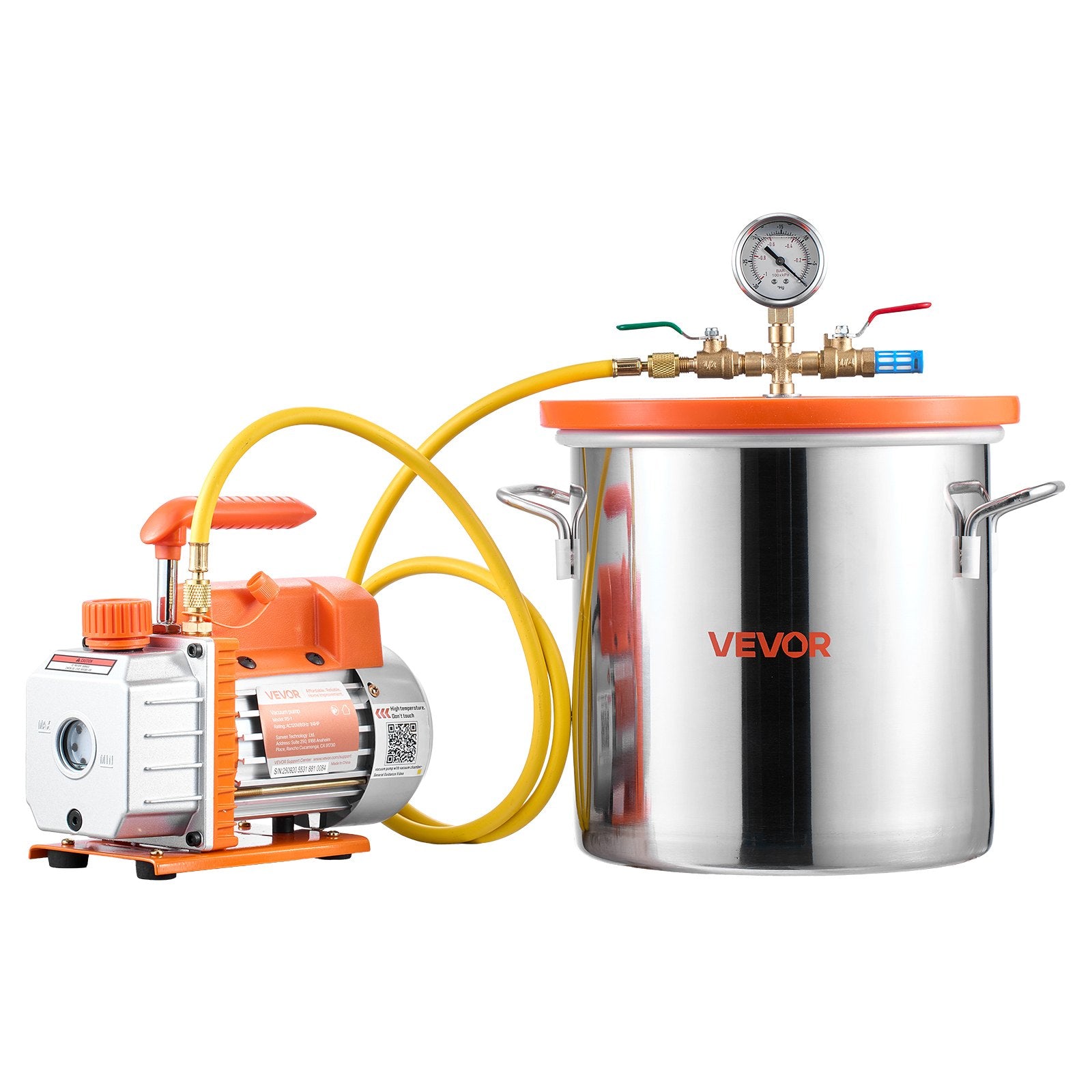VEVOR 18.93 L Vacuum Chamber with Pump, 3.5 CFM 99 L/min, Single Stage Vacuum Pump, Stainless Steel Degassing Chamber Kit, Tempered Glass Lid, 1.5 m Hose, for Stabilizing Wood Degassing Silicone Resin