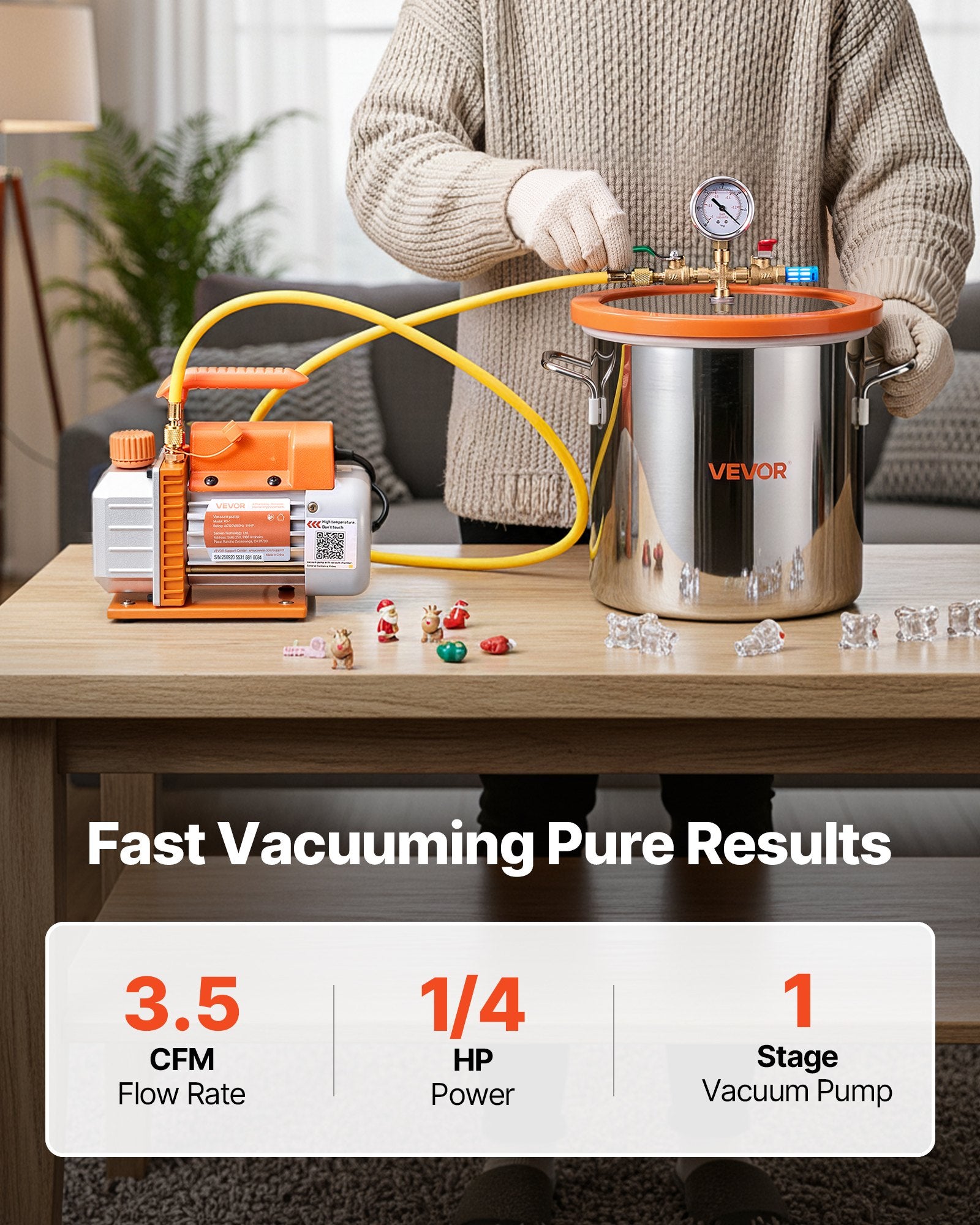 VEVOR 11.36 L Vacuum Chamber with Pump, 3.5 CFM 99 L/min, Single Stage Vacuum Pump, Stainless Steel Degassing Chamber Kit, Tempered Glass Lid, 1.5 m Hose, for Stabilizing Wood Degassing Silicone Resin