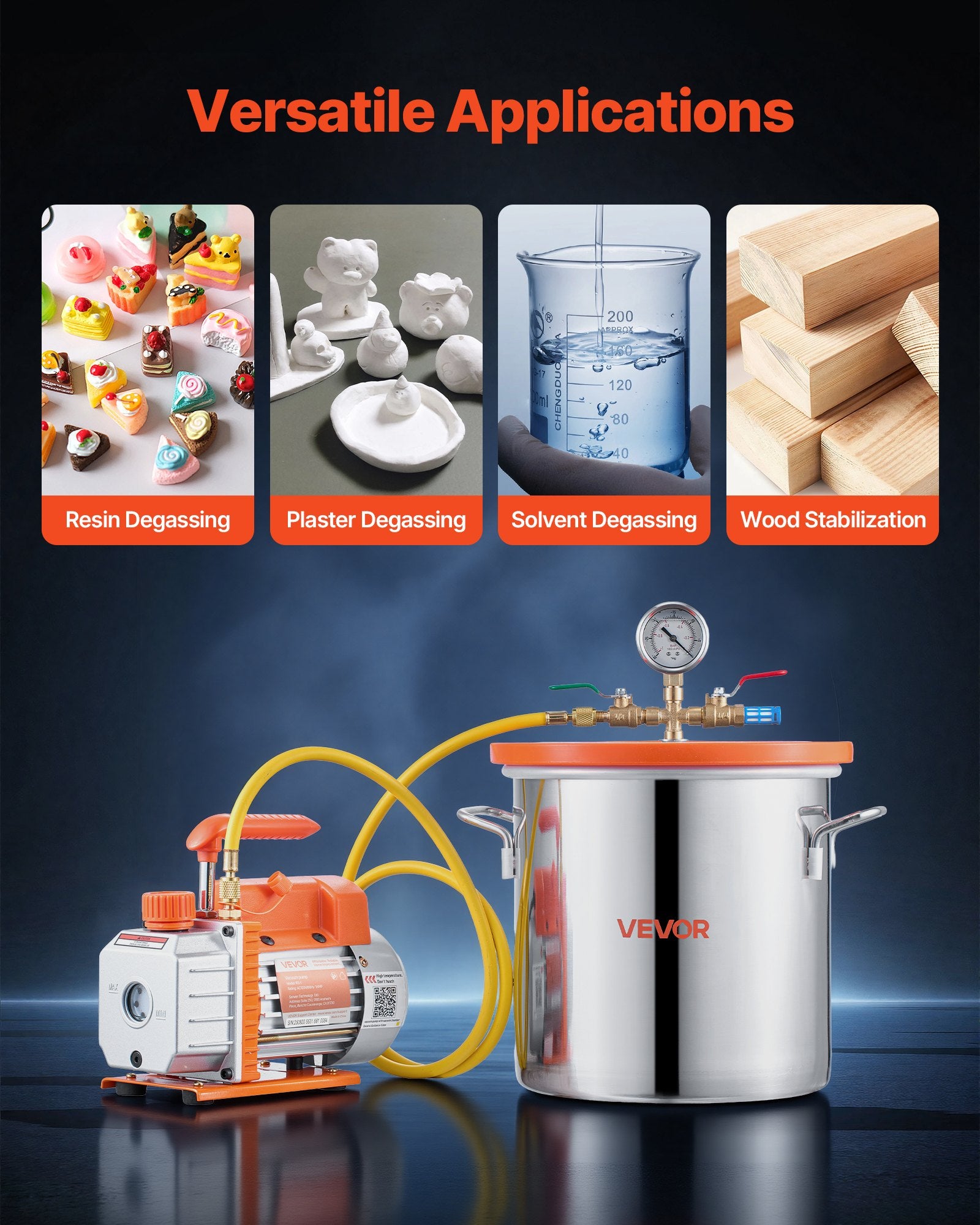 VEVOR 11.36 L Vacuum Chamber with Pump, 3.5 CFM 99 L/min, Single Stage Vacuum Pump, Stainless Steel Degassing Chamber Kit, Tempered Glass Lid, 1.5 m Hose, for Stabilizing Wood Degassing Silicone Resin