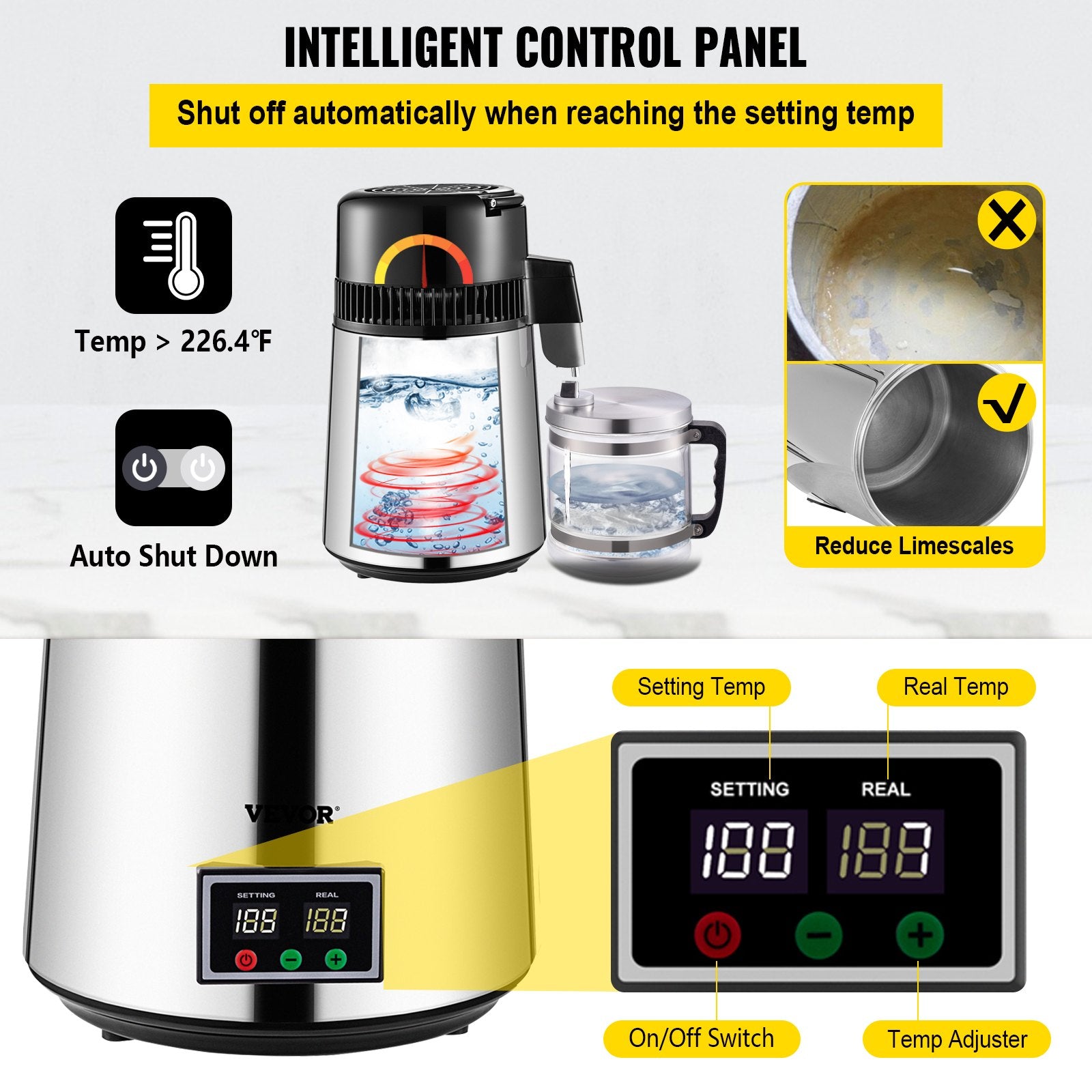 VEVOR 1.1 Gal Water Distiller, 0.3 Gal/H, 750W Distilled Water Maker Machine 0-99H Timing Set Temp Display, 304 Stainless Steel Countertop Distiller Glass Carafe Cleaning Powder 3 Carbon Packs, Silver