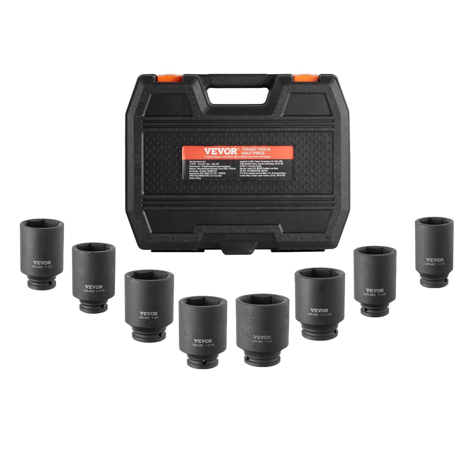 Axle Nut Impact Socket Set, 1/2" Drive Deep 6-Point 8-Piece SAE Spindle Nut Socket Set, CR-MO Heat Treated Large Socket Set with Storage Case, for Auto Repair, Removing or Installing Axle Nuts