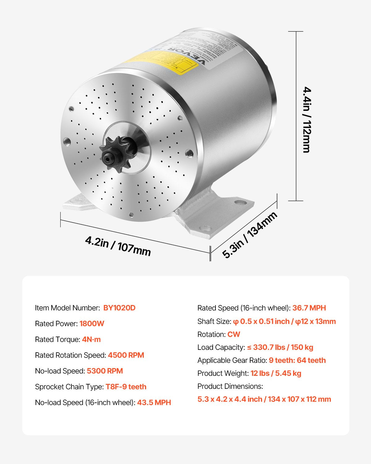 VEVOR 1800W Electric Brushless DC Motor Kit - 48V 4500rpm Motor with Upgraded Speed Controller, Throttle Grip Kit for Go Karts E-Bike Motorcycle Scooter