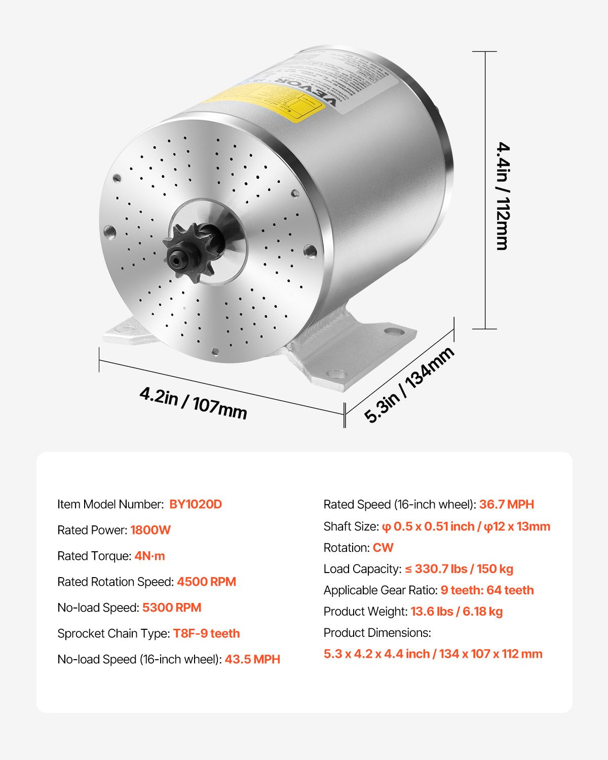 VEVOR 1800W Electric Brushless DC Motor Kit - 48V 4500rpm Motor with Upgraded Speed Controller, Foot Pedal and Throttle Grip Kit for Go Karts E-Bike Motorcycle Scooter
