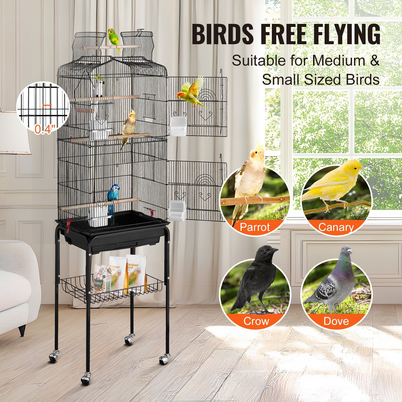 Large Bird Cage, 62 in, Open Top Parakeet Cage with Rolling Stand, Steel Bird Flight Cage with Removable Tray, Budgie Birdcage with 4 Perches, Parrot Cage for Lovebirds Cockatiels Pet Toy