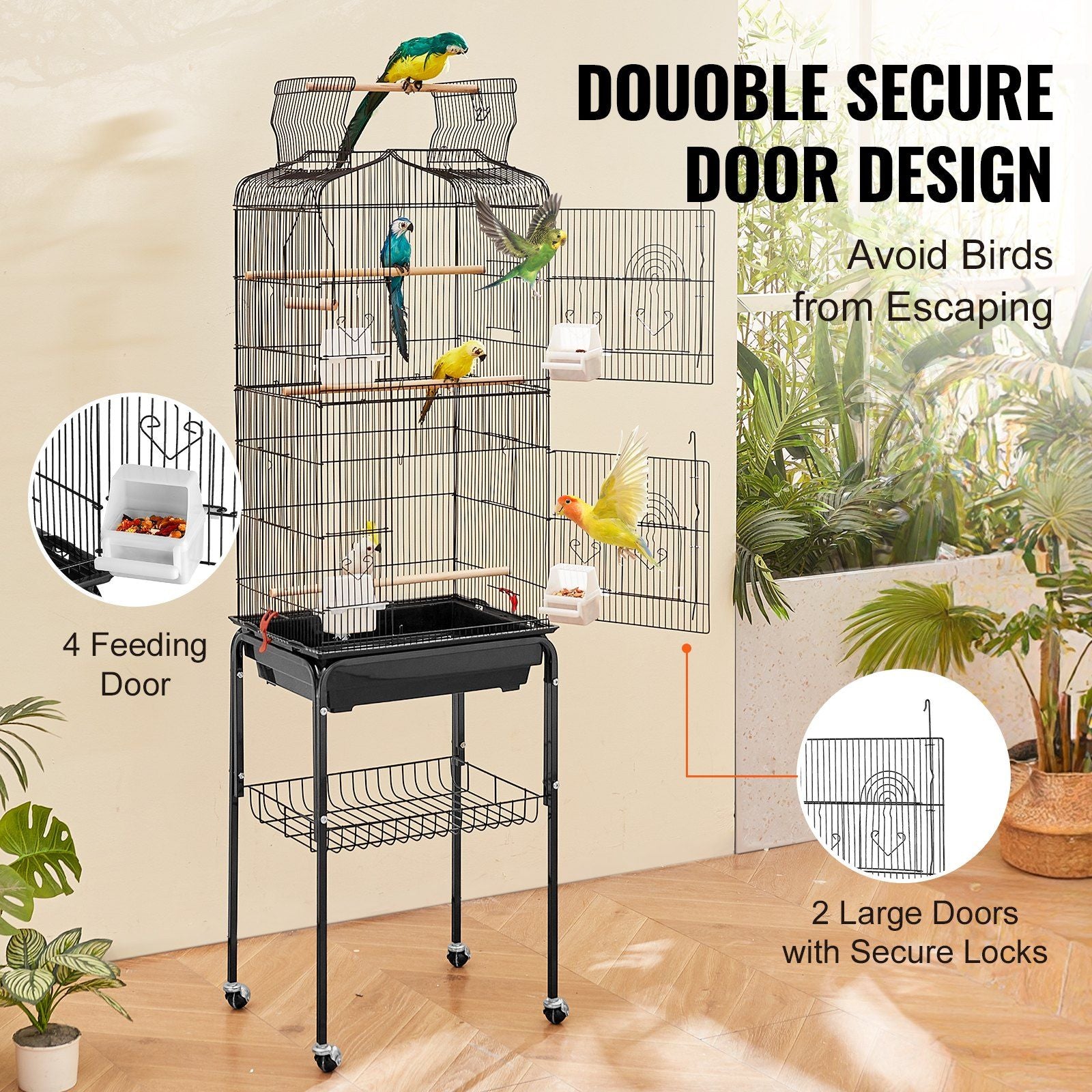 Large Bird Cage, 62 in, Open Top Parakeet Cage with Rolling Stand, Steel Bird Flight Cage with Removable Tray, Budgie Birdcage with 4 Perches, Parrot Cage for Lovebirds Cockatiels Pet Toy