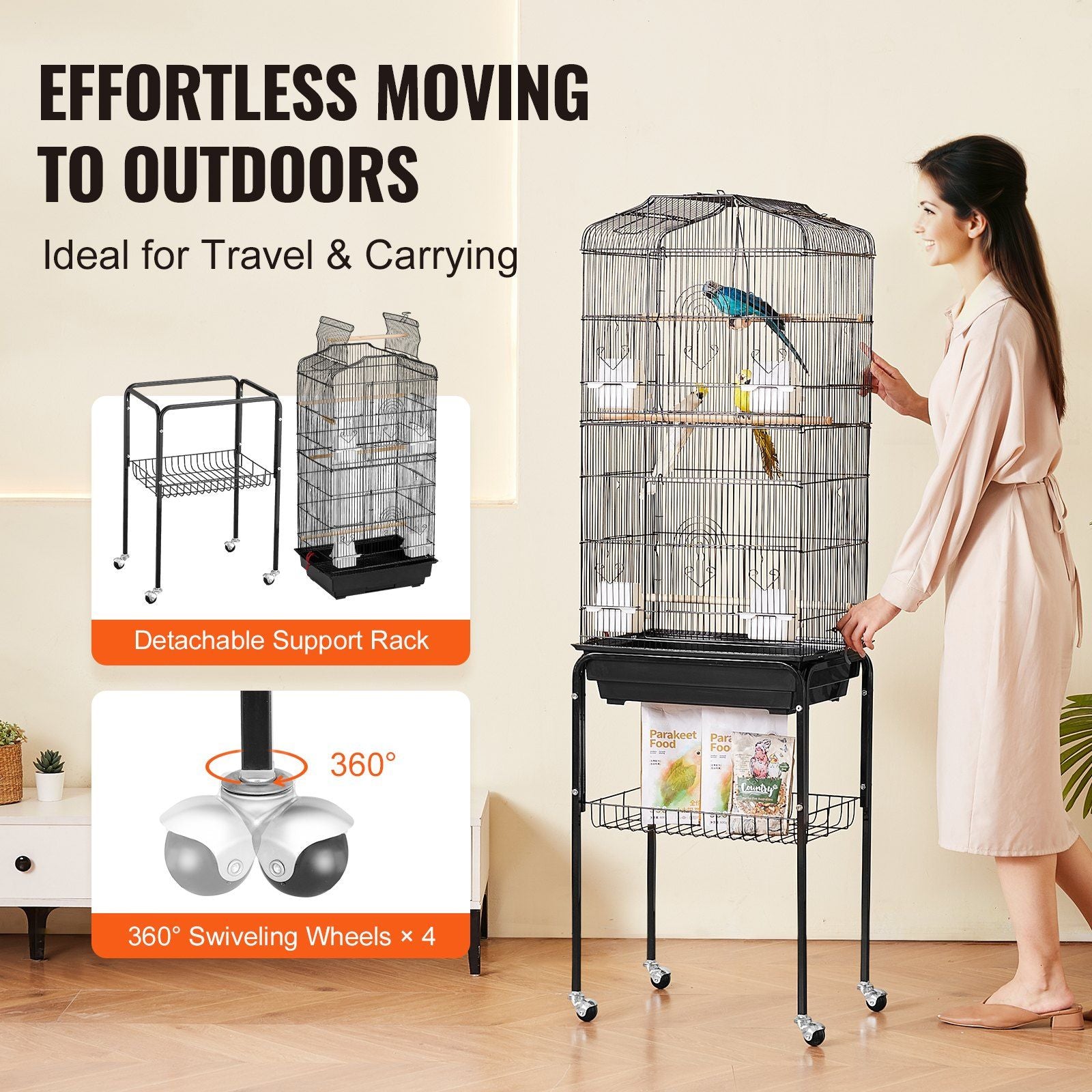 Large Bird Cage, 62 in, Open Top Parakeet Cage with Rolling Stand, Steel Bird Flight Cage with Removable Tray, Budgie Birdcage with 4 Perches, Parrot Cage for Lovebirds Cockatiels Pet Toy