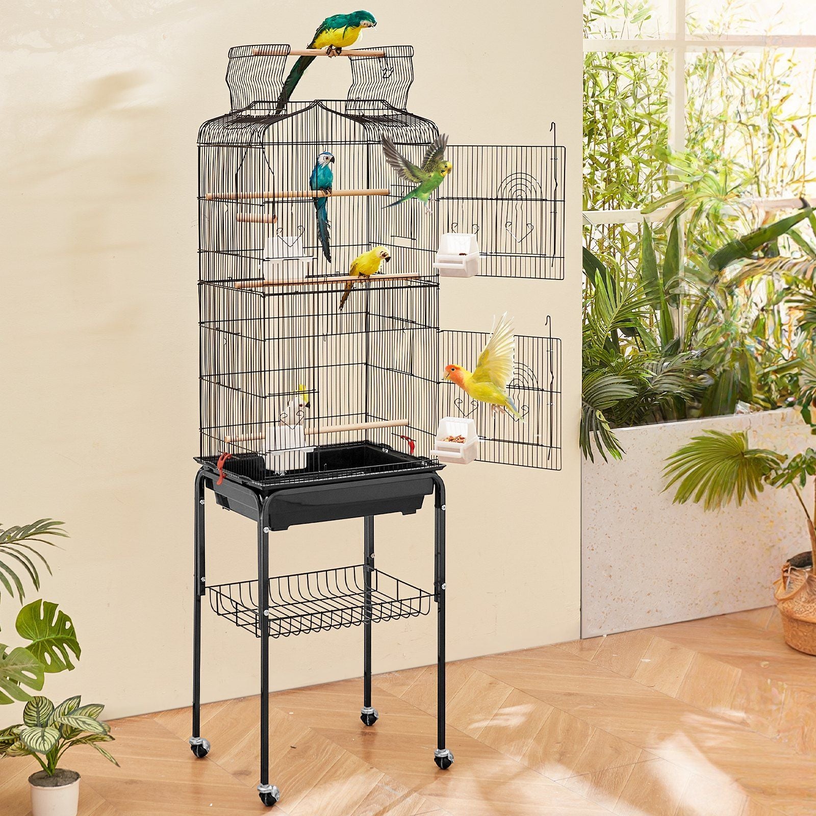 Large Bird Cage, 62 in, Open Top Parakeet Cage with Rolling Stand, Steel Bird Flight Cage with Removable Tray, Budgie Birdcage with 4 Perches, Parrot Cage for Lovebirds Cockatiels Pet Toy