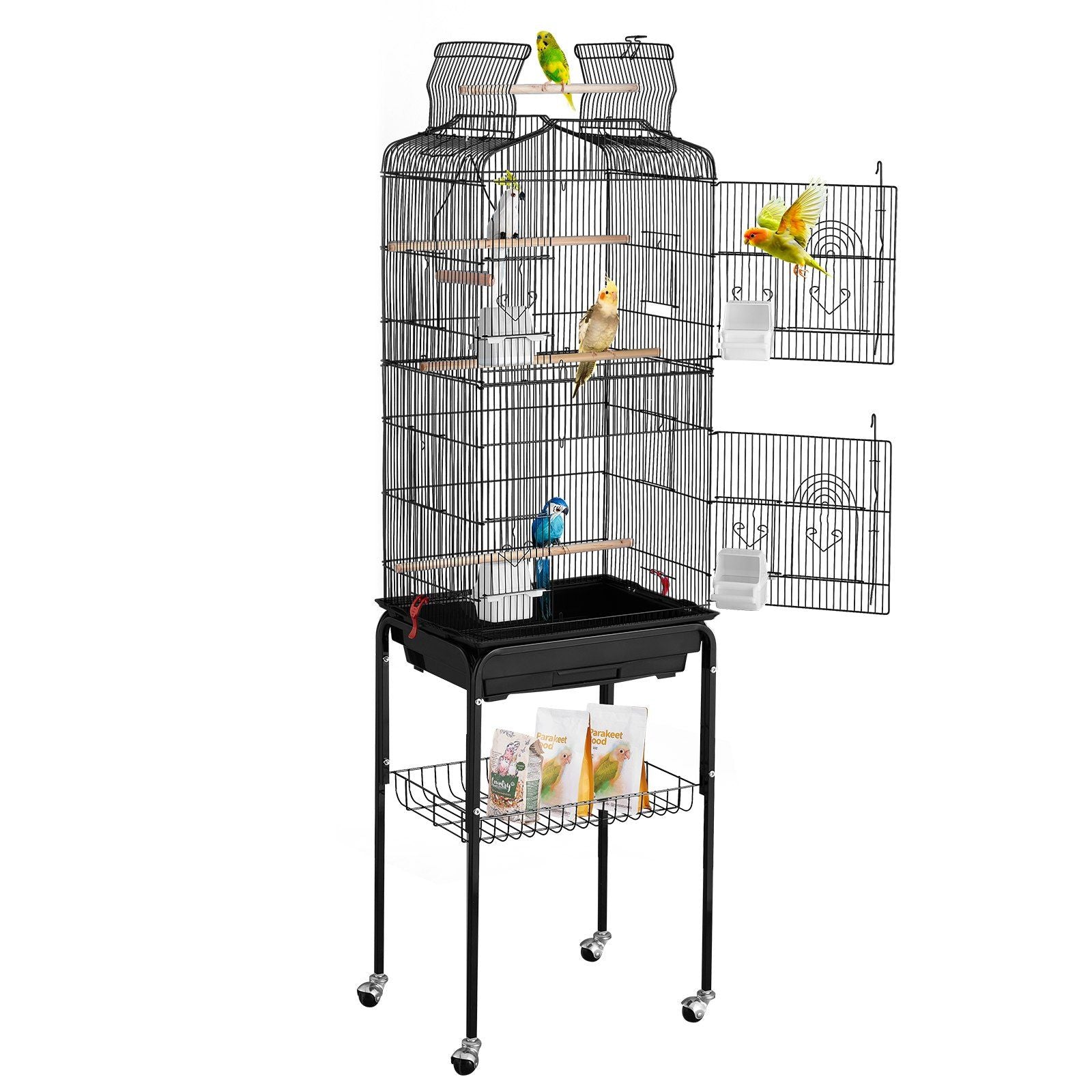 Large Bird Cage, 62 in, Open Top Parakeet Cage with Rolling Stand, Steel Bird Flight Cage with Removable Tray, Budgie Birdcage with 4 Perches, Parrot Cage for Lovebirds Cockatiels Pet Toy