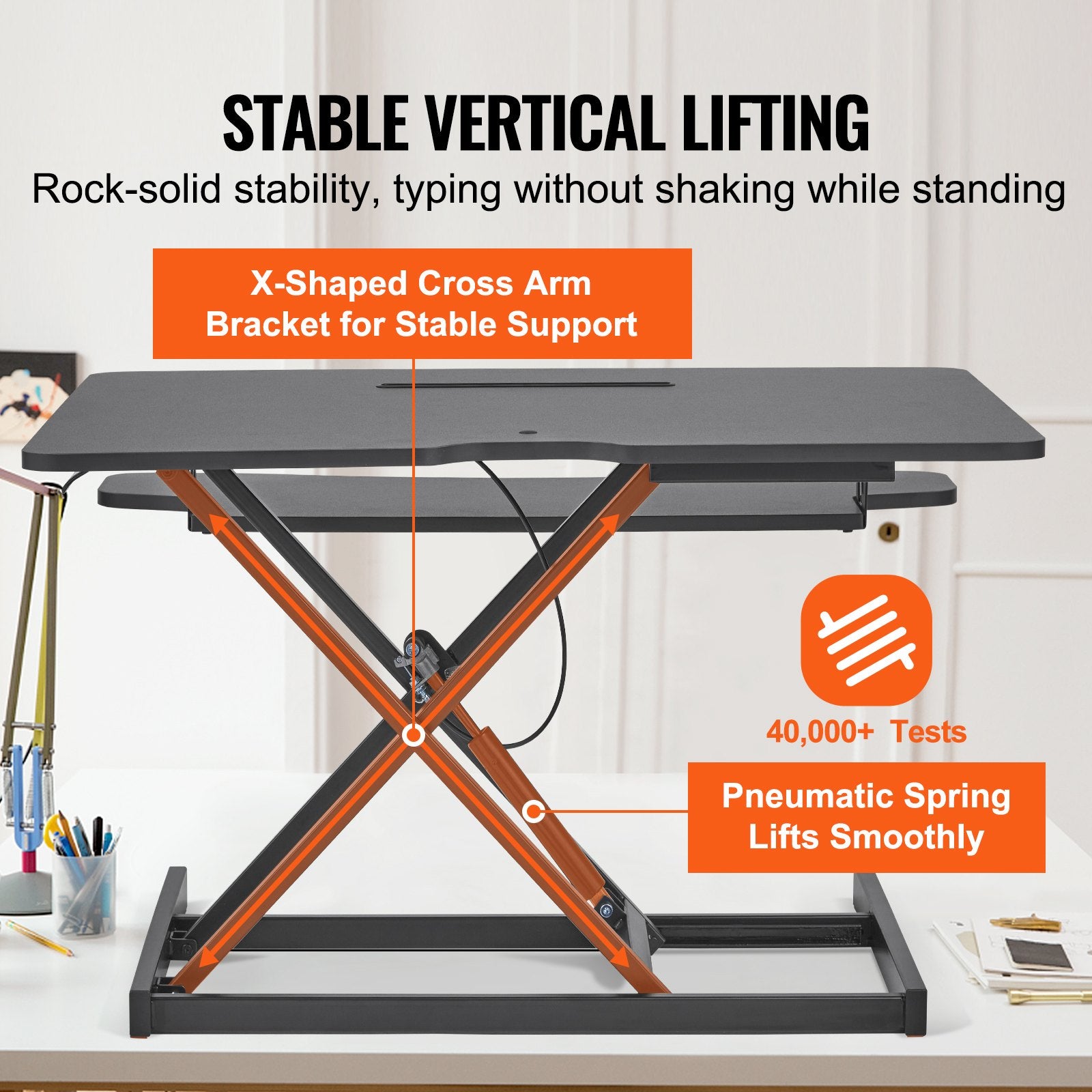 VEVOR Standing Desk Converter, Two-Tier Stand up Desk Riser, 800 mm Large Sit to Stand Desk Converter,140-510 mm Adjustable Height, for Monitor, Keyboard & Accessories Used in Home Office