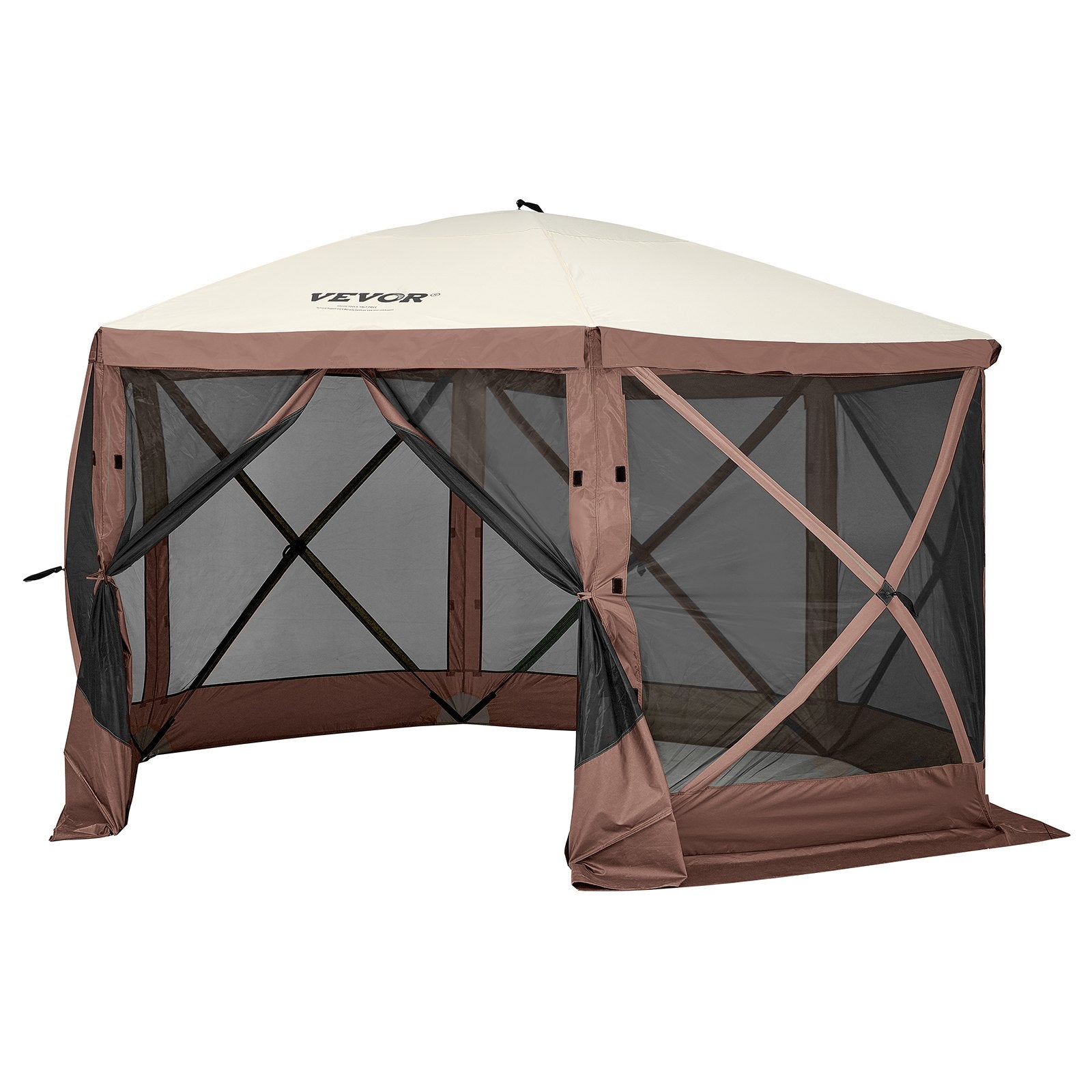 VEVOR Pop Up Gazebo Tent, Pop-Up Screen Tent 6 Sided Canopy Sun Shelter with 6 Removable Privacy Wind Cloths & Mesh Windows, 11.5x11.5FT Quick Set Screen Tent with Mosquito Netting, Brown