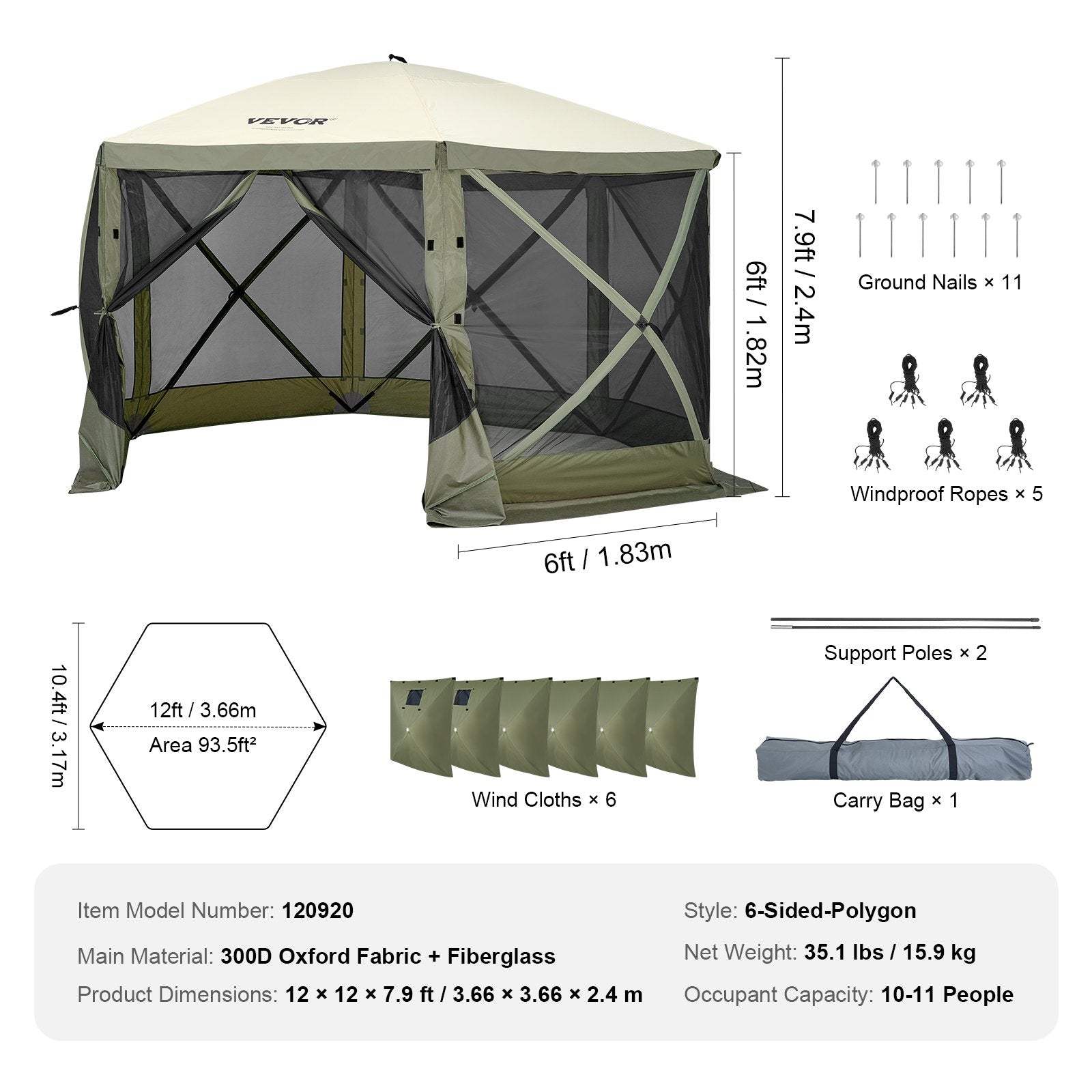VEVOR Pop Up Gazebo Tent, Pop-Up Screen Tent 6 Sided Canopy Sun Shelter with 6 Removable Privacy Wind Cloths & Mesh Windows, 12x12FT Quick Set Screen Tent with Mosquito Netting, Army Green