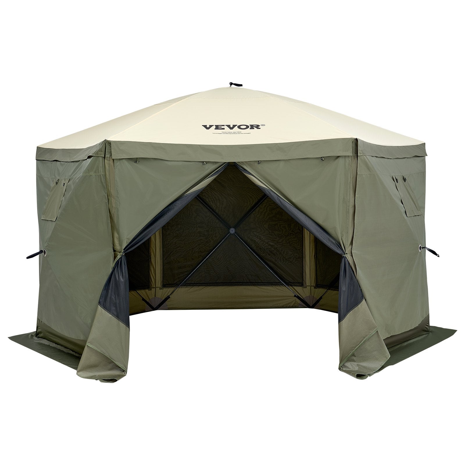 VEVOR Pop Up Gazebo Tent, Pop-Up Screen Tent 6 Sided Canopy Sun Shelter with 6 Removable Privacy Wind Cloths & Mesh Windows, 12x12FT Quick Set Screen Tent with Mosquito Netting, Army Green