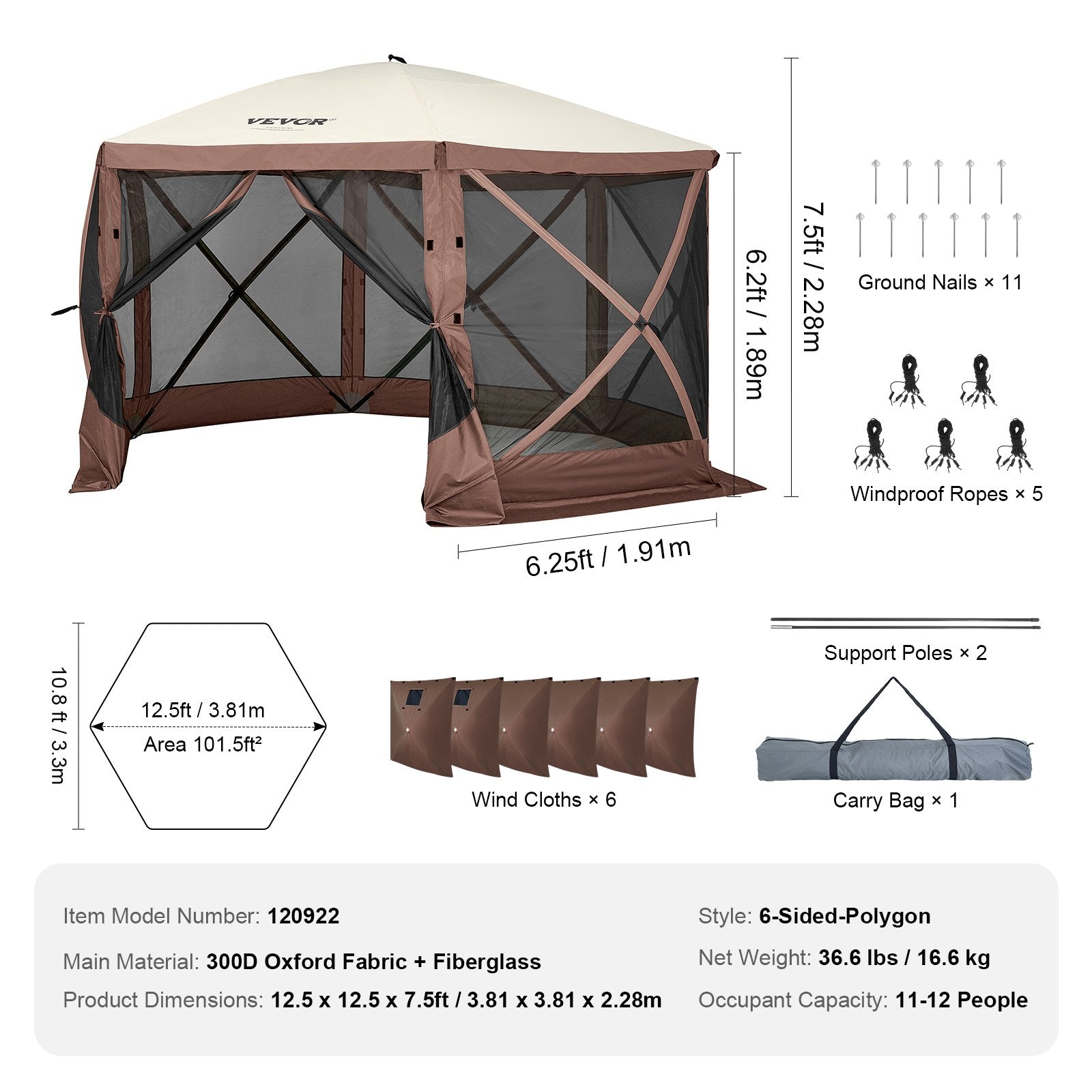 VEVOR Pop Up Gazebo Tent, Pop-Up Screen Tent 6 Sided Canopy Sun Shelter with 6 Removable Privacy Wind Cloths & Mesh Windows, 12.5x12.5FT Quick Set Screen Tent with Mosquito Netting, Brown