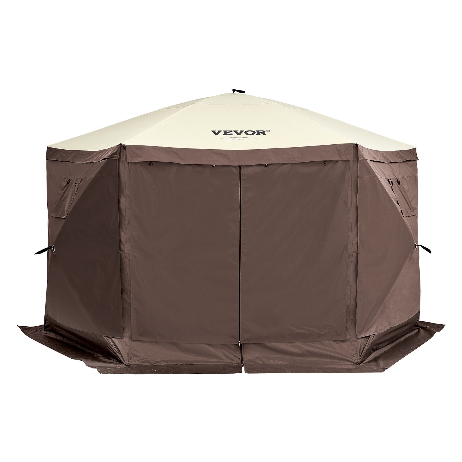 VEVOR Pop Up Gazebo Tent, Pop-Up Screen Tent 6 Sided Canopy Sun Shelter with 6 Removable Privacy Wind Cloths & Mesh Windows, 12.5x12.5FT Quick Set Screen Tent with Mosquito Netting, Brown