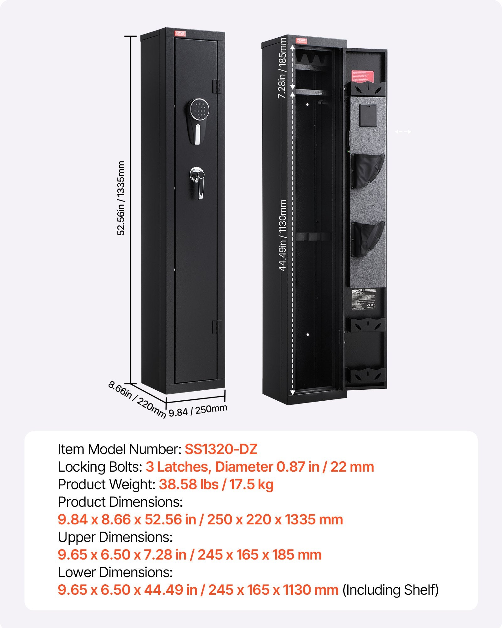 VEVOR Gun Safe, Heavy Duty Cold-Rolled Steel Fireproof Rifle Cabinet with Digital Keypad & Key, Large Long Gun Cabinet with Magazine and LED Lighting, Adjustable Racks for Rifles, Pistols, Shotgun