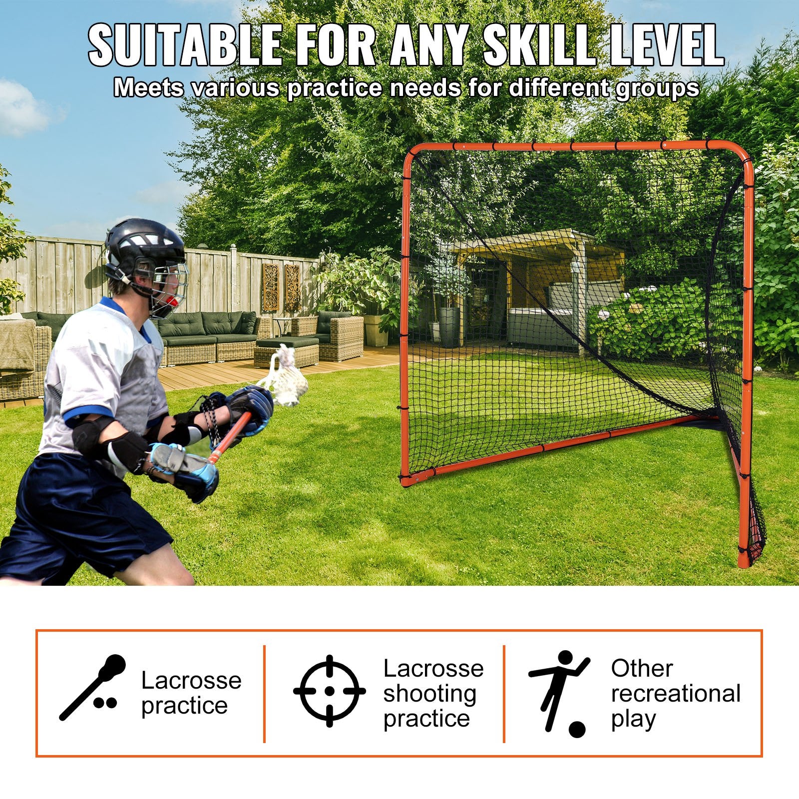 VEVOR Lacrosse Goal, 1.8mx1.8m Lacrosse Net, Folding Portable Backyard Lacrosse Training Equipment, Steel Frame Training Net, Quick & Easy Setup Lacrosse Goal, Perfect for Youth Adult Training, Orange