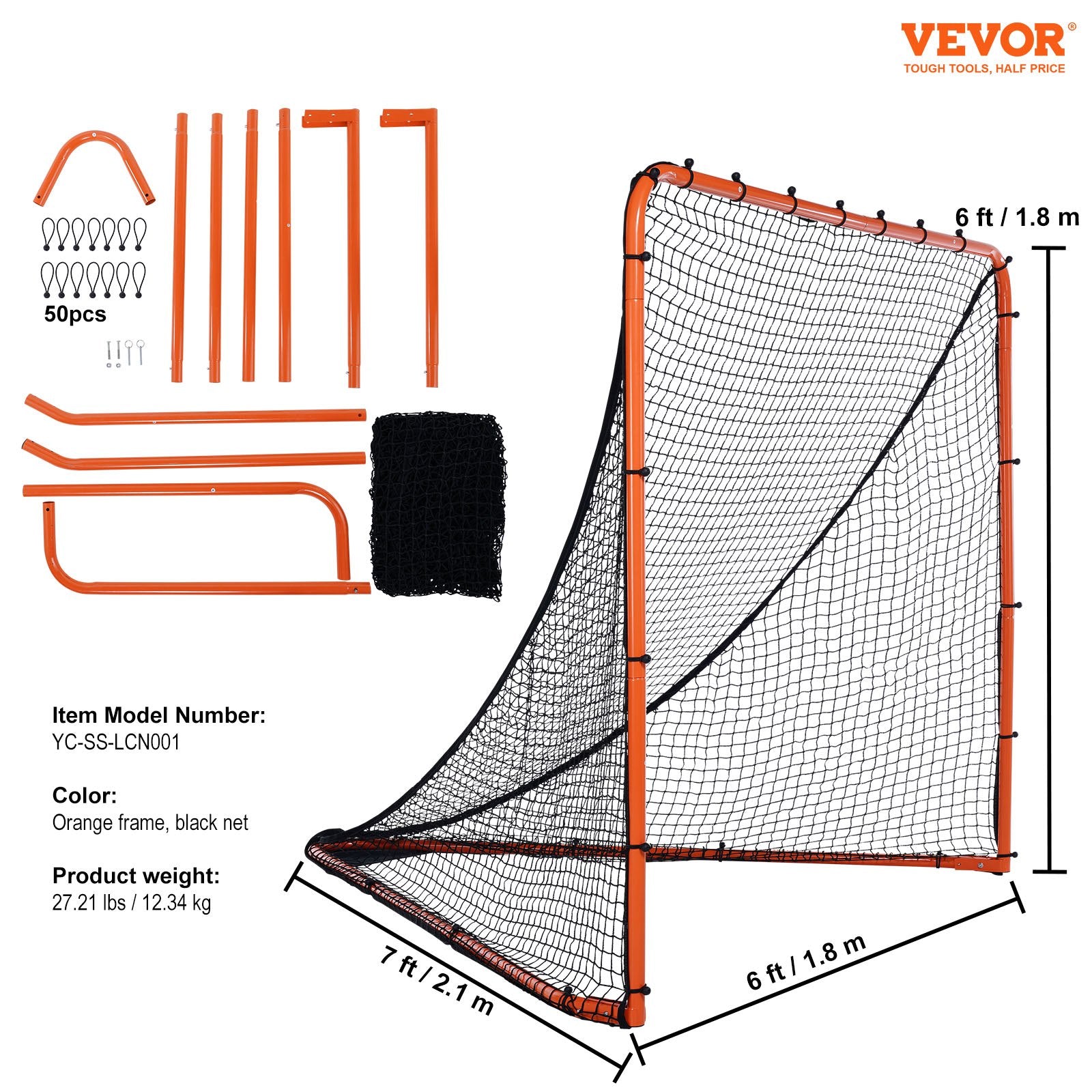 VEVOR Lacrosse Goal, 1.8mx1.8m Lacrosse Net, Folding Portable Backyard Lacrosse Training Equipment, Steel Frame Training Net, Quick & Easy Setup Lacrosse Goal, Perfect for Youth Adult Training, Orange