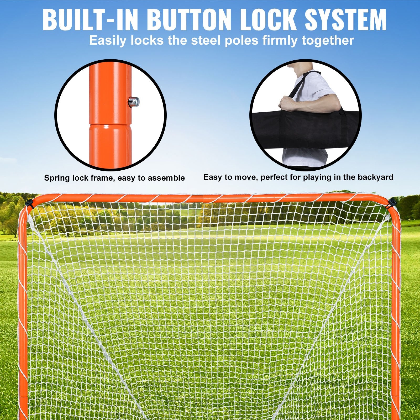 VEVOR Lacrosse Goal, 6' x 6' Lacrosse Net, Steel Frame Backyard Lacrosse Training Equipment, Portable Lacrosse Goal with Carry Bag, Quick & Easy Setup, Perfect for Youth Adult Training, Orange