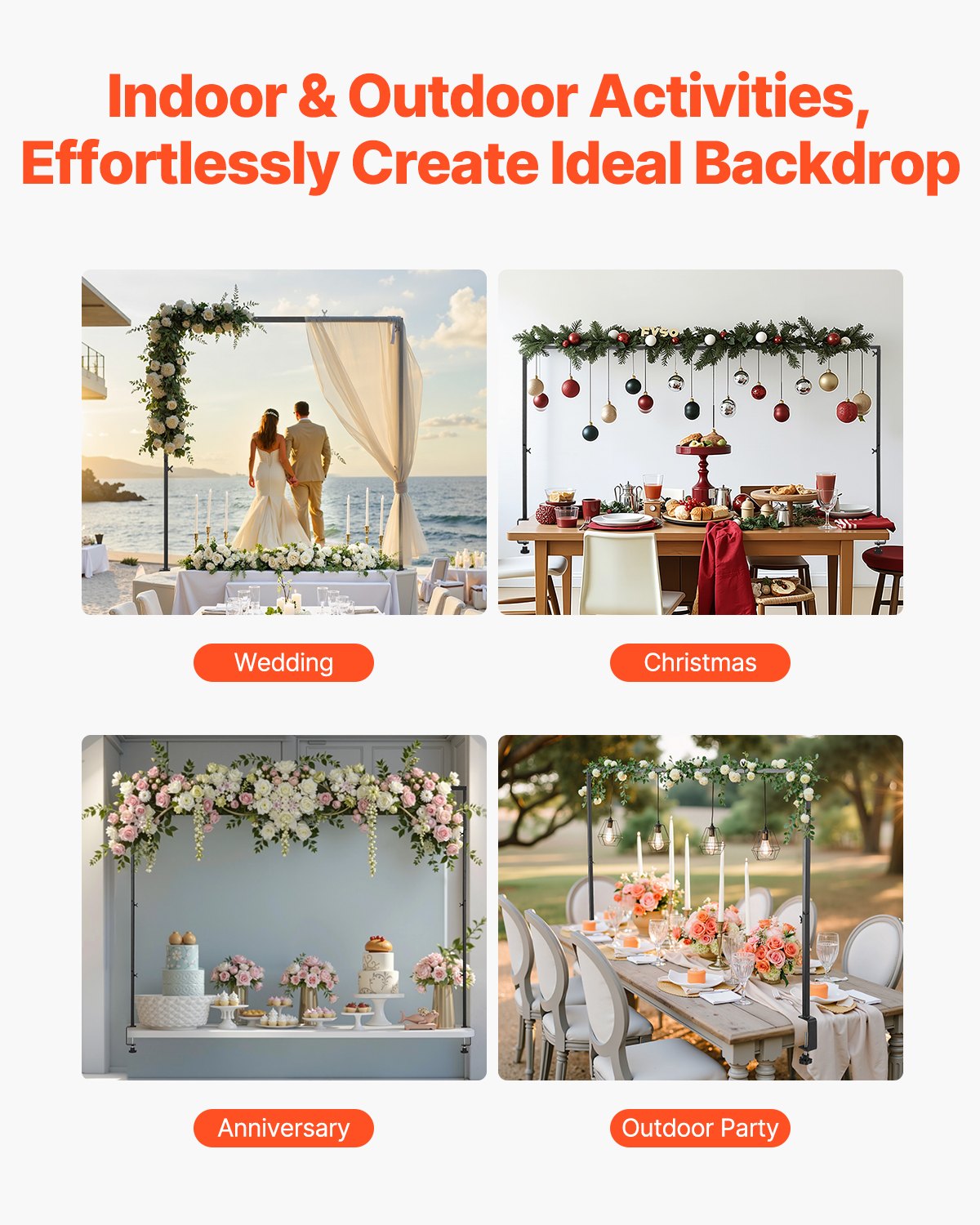 VEVOR Over The Table Rod Stand with Clamps, 13"-42" Tall & 28"-98" Length Adjustable, 2 Packs Table Arch Stand, Tabletop Balloon Arch Frame for Wedding Birthday Party Christmas Decorations, Black