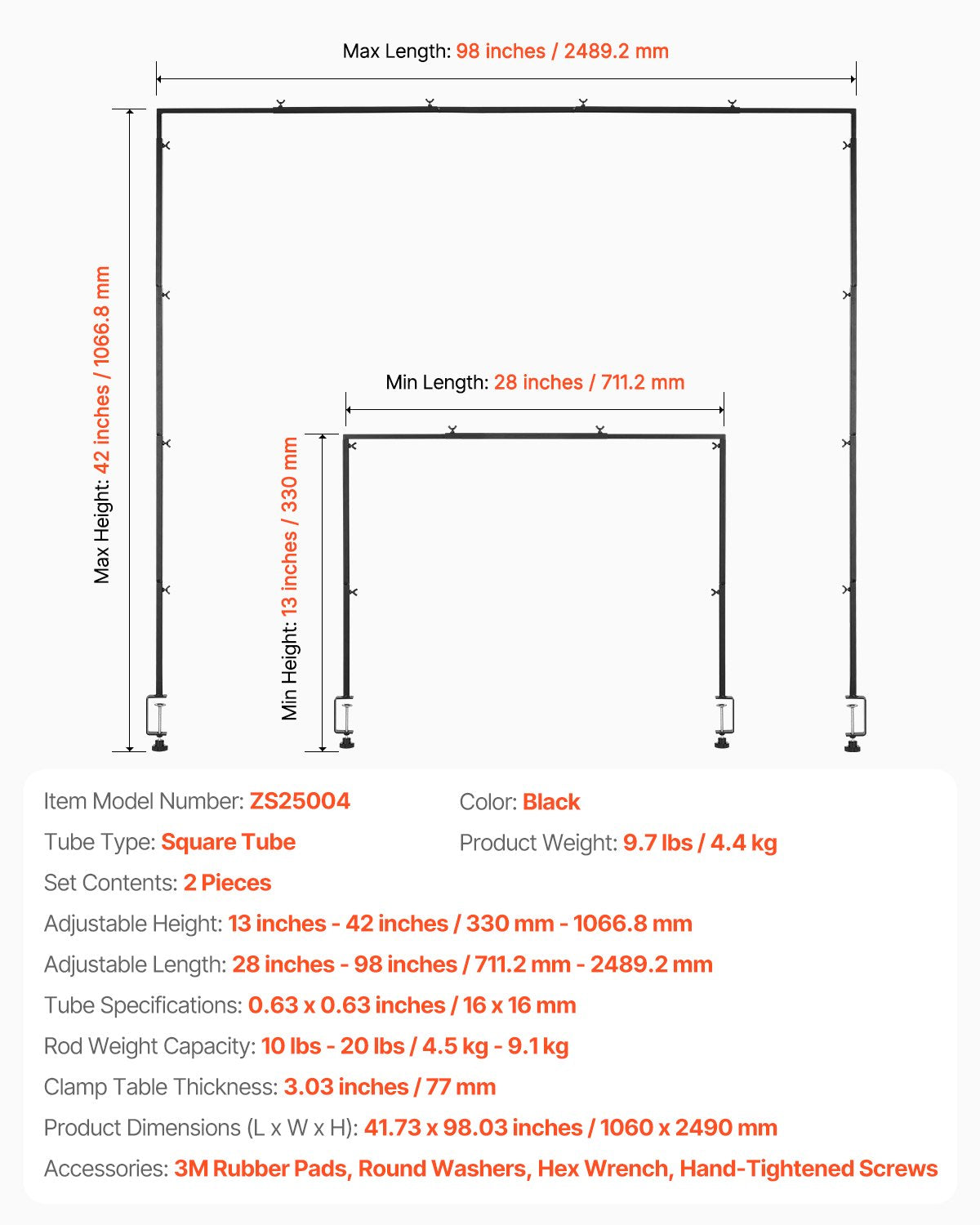 VEVOR Over The Table Rod Stand with Clamps, 13"-42" Tall & 28"-98" Length Adjustable, 2 Packs Table Arch Stand, Tabletop Balloon Arch Frame for Wedding Birthday Party Christmas Decorations, Black