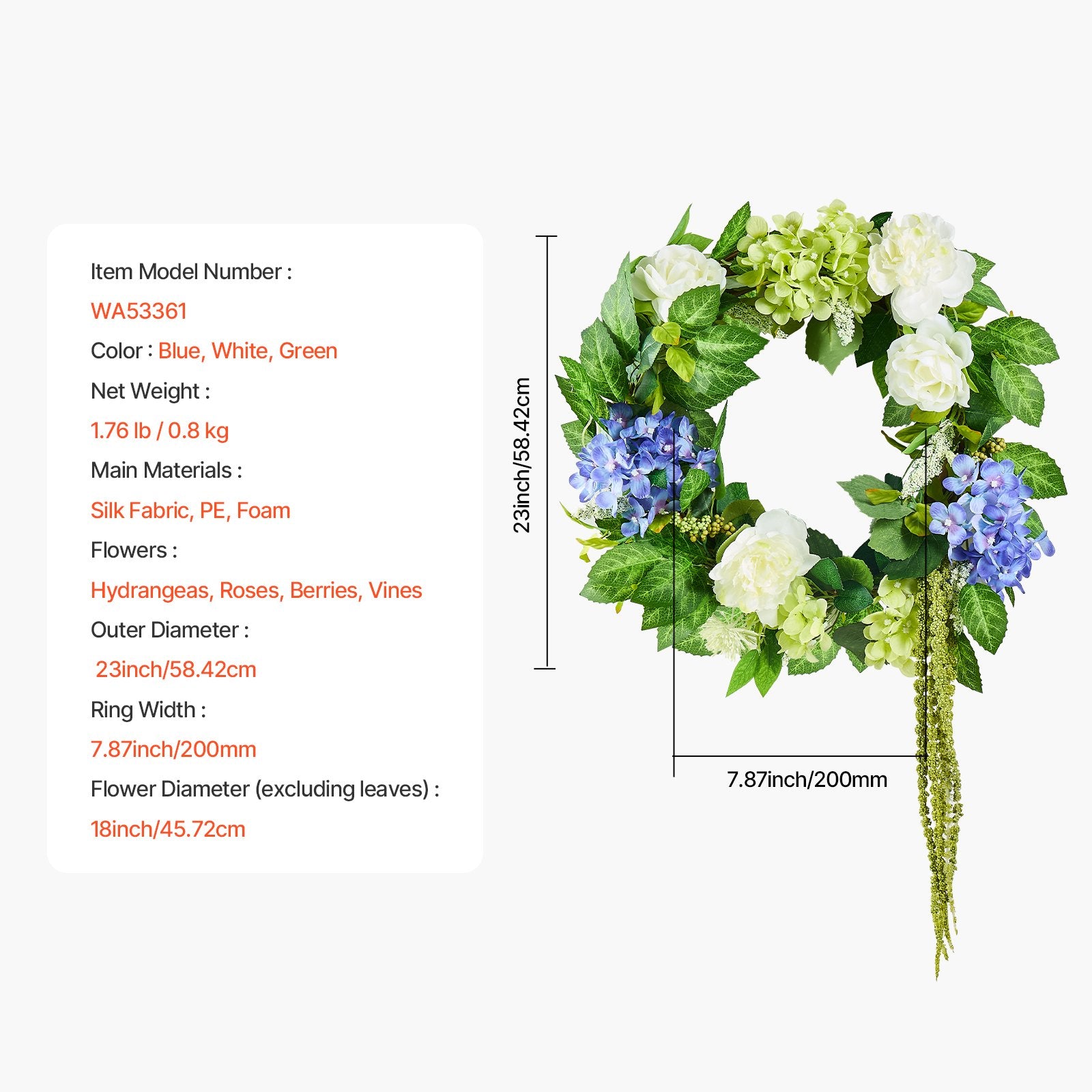 VEVOR Artificial Decorative Wreath 58.42 cm Blue White Green Hydrangeas Roses