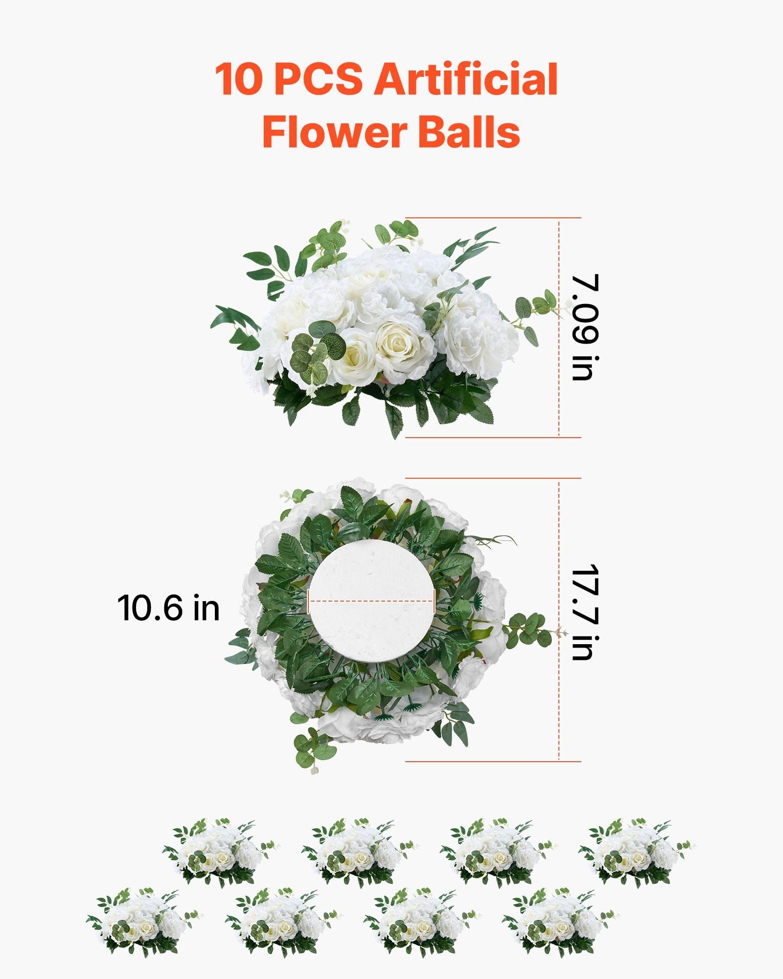 Flower Balls Arrangement Bouquet 10 PCS, 450 mm Diameter Artificial Flower Balls Wedding White Roses Centerpieces, Faux Flowers Arrangements for Wedding Centerpiece Home Table Decorations