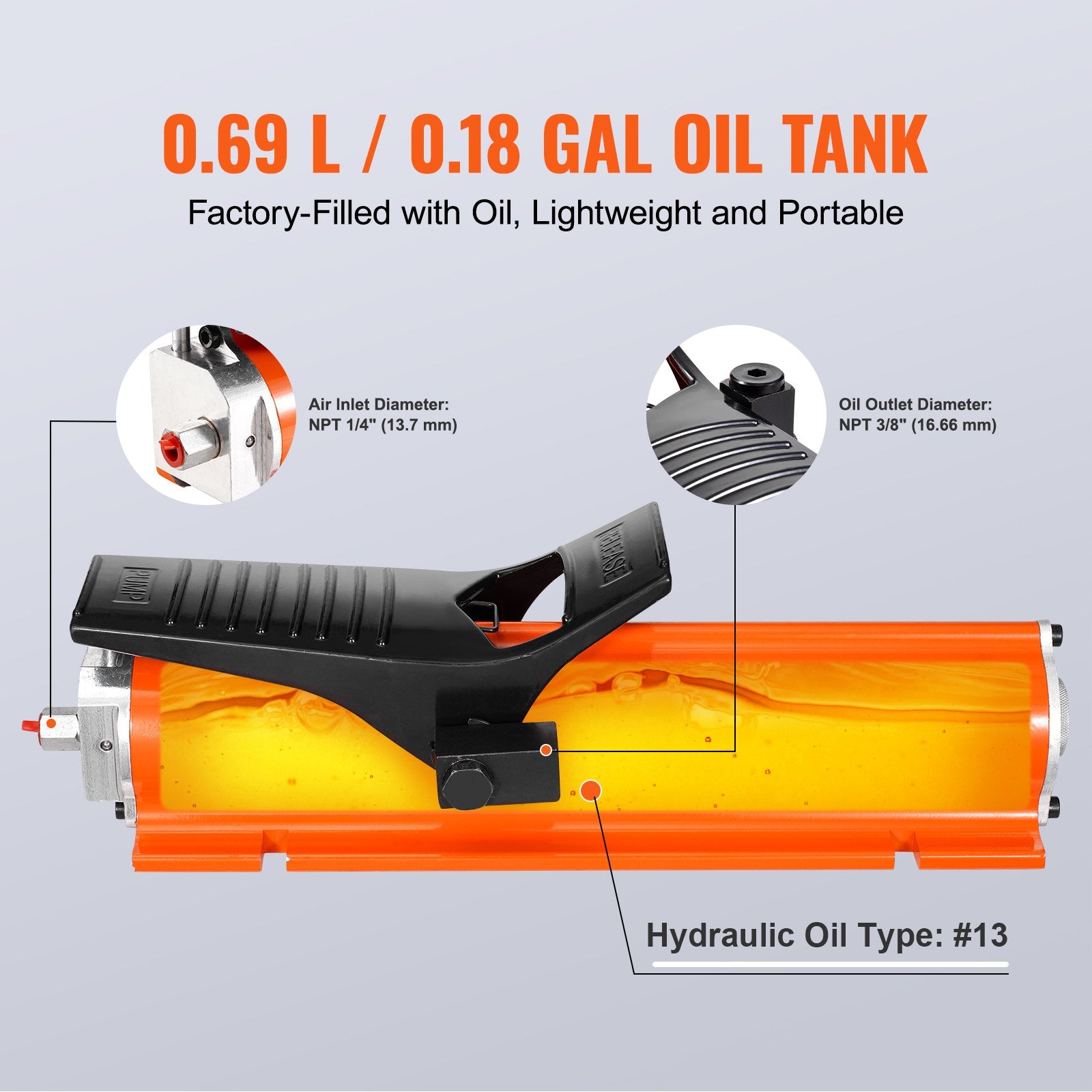 VEVOR 10,000PSI Air Hydraulic Pump, 0.18 Gal Reservoir, NPT 3/8 In Oil Outlet, NPT 1/4 In Inlet, Metal Shell Air Actuated Treadle Foot Pump, for Precision Industrial Machinery & Aerospace Equipment