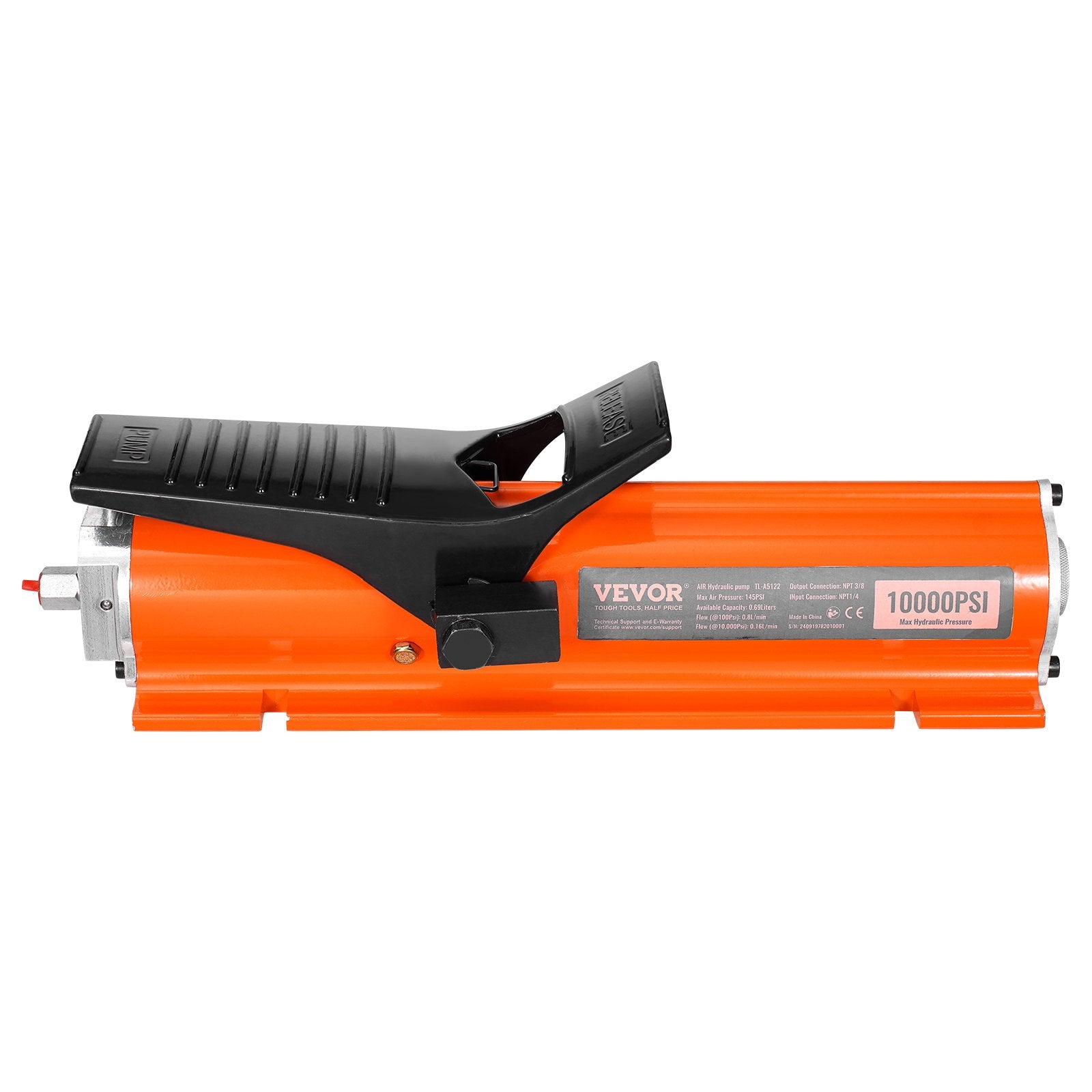 VEVOR 10,000PSI Air Hydraulic Pump, 0.18 Gal Reservoir, NPT 3/8 In Oil Outlet, NPT 1/4 In Inlet, Metal Shell Air Actuated Treadle Foot Pump, for Precision Industrial Machinery & Aerospace Equipment