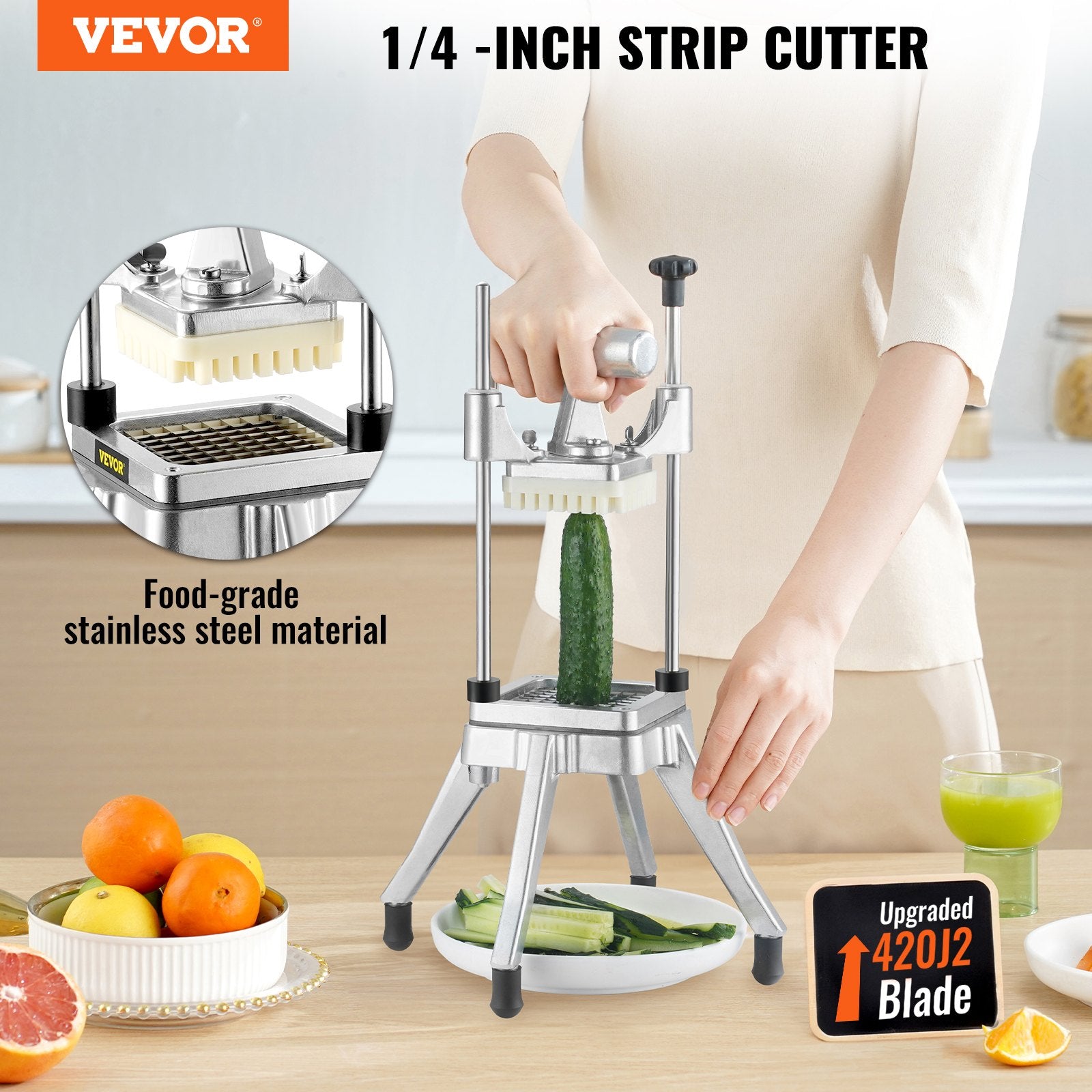 VEVOR Commercial Vegetable Fruit Chopper 1/4" Blade Heavy Duty Professional Food Dicer Kattex French Fry Cutter Onion Slicer Stainless Steel for Tomato Peppers Potato Mushroom