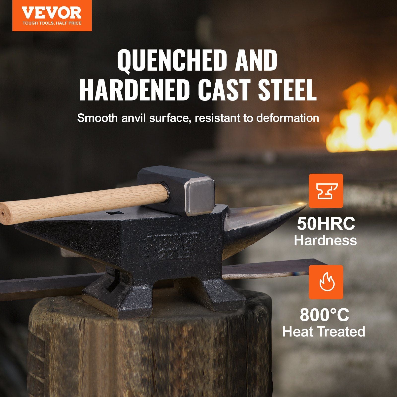 Single Horn Anvil, 22Lbs Cast Steel Anvil, High Hardness Rugged Round Horn Anvil Blacksmith, Large Countertop and Stable Base, with Round and Square Hole, Metalsmith Tool for Bending and Shaping