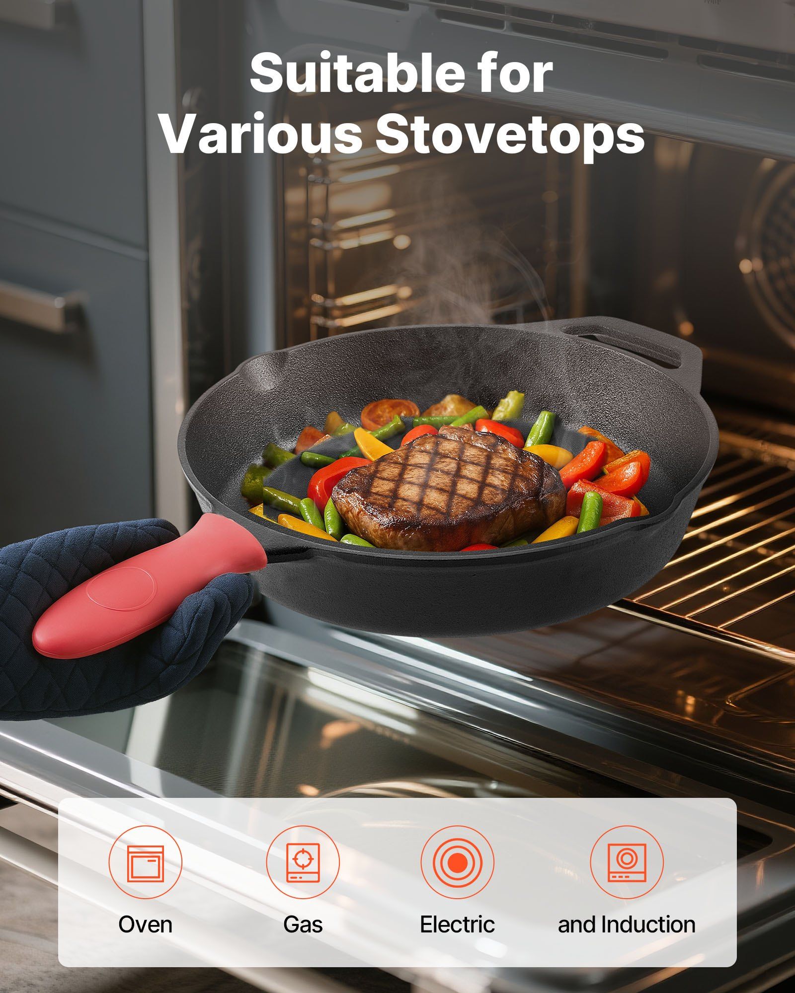 Cast Iron Skillet, 4 Pcs Frying Pan Set (155, 205, 260, 305 mm), Skillets with Heat-Resistant Silicone Handle, Pre-Seasoned Chef's Pan, Kitchen Cookware, Oven, Gas, Electrical, Induction, Black